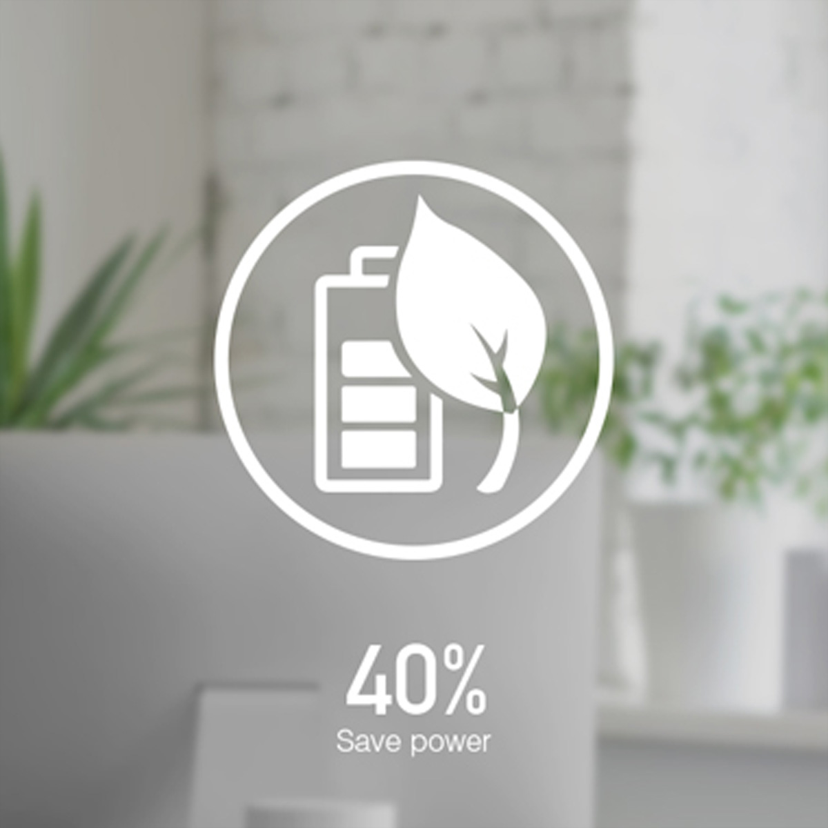 Un graphique blanc avec une batterie et une feuille à l'intérieur d'un cercle, avec le texte '40% Save power' en dessous.