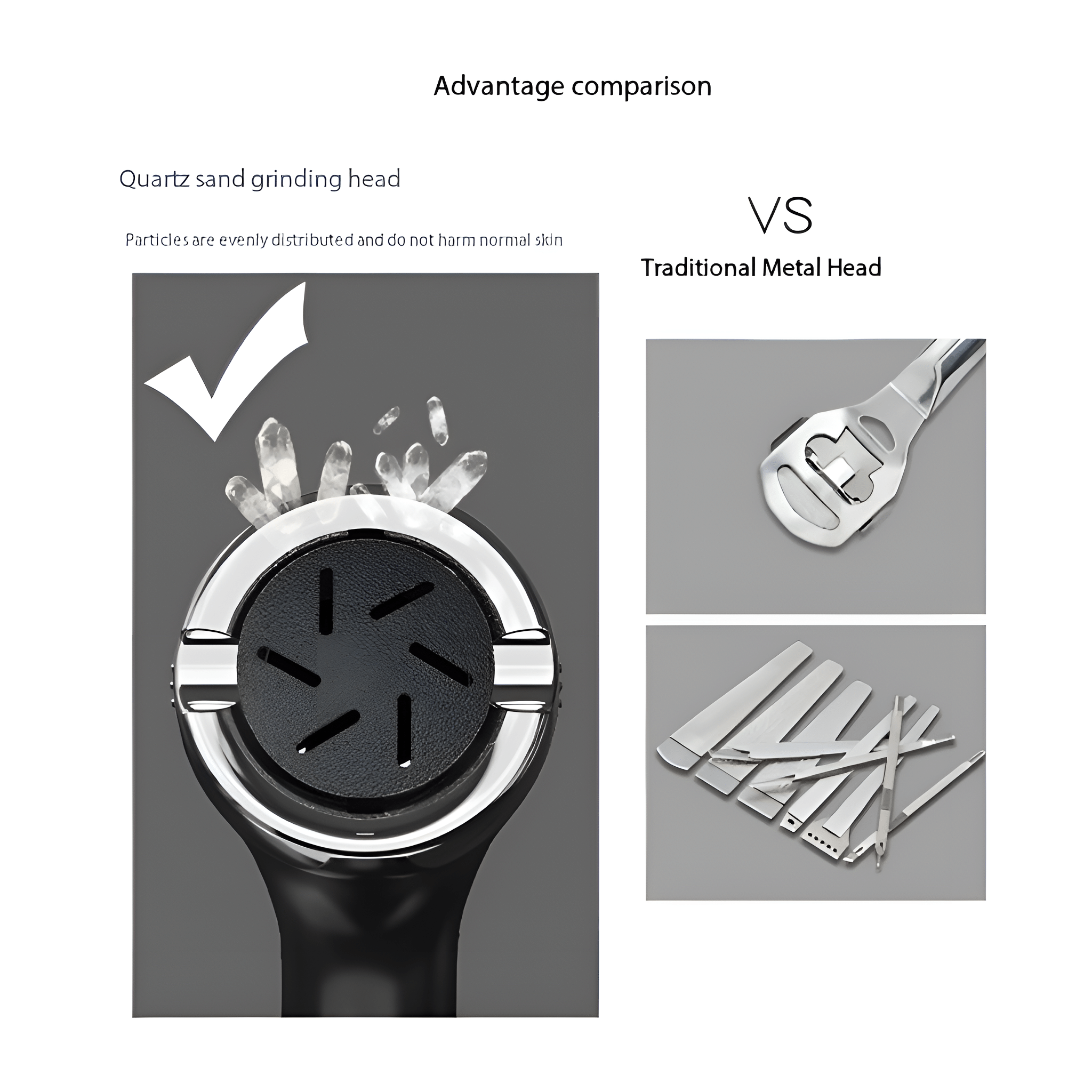 Vergleich von Quarzsand-Schleifkopf und traditionellem Metallkopf für Hautpflege.