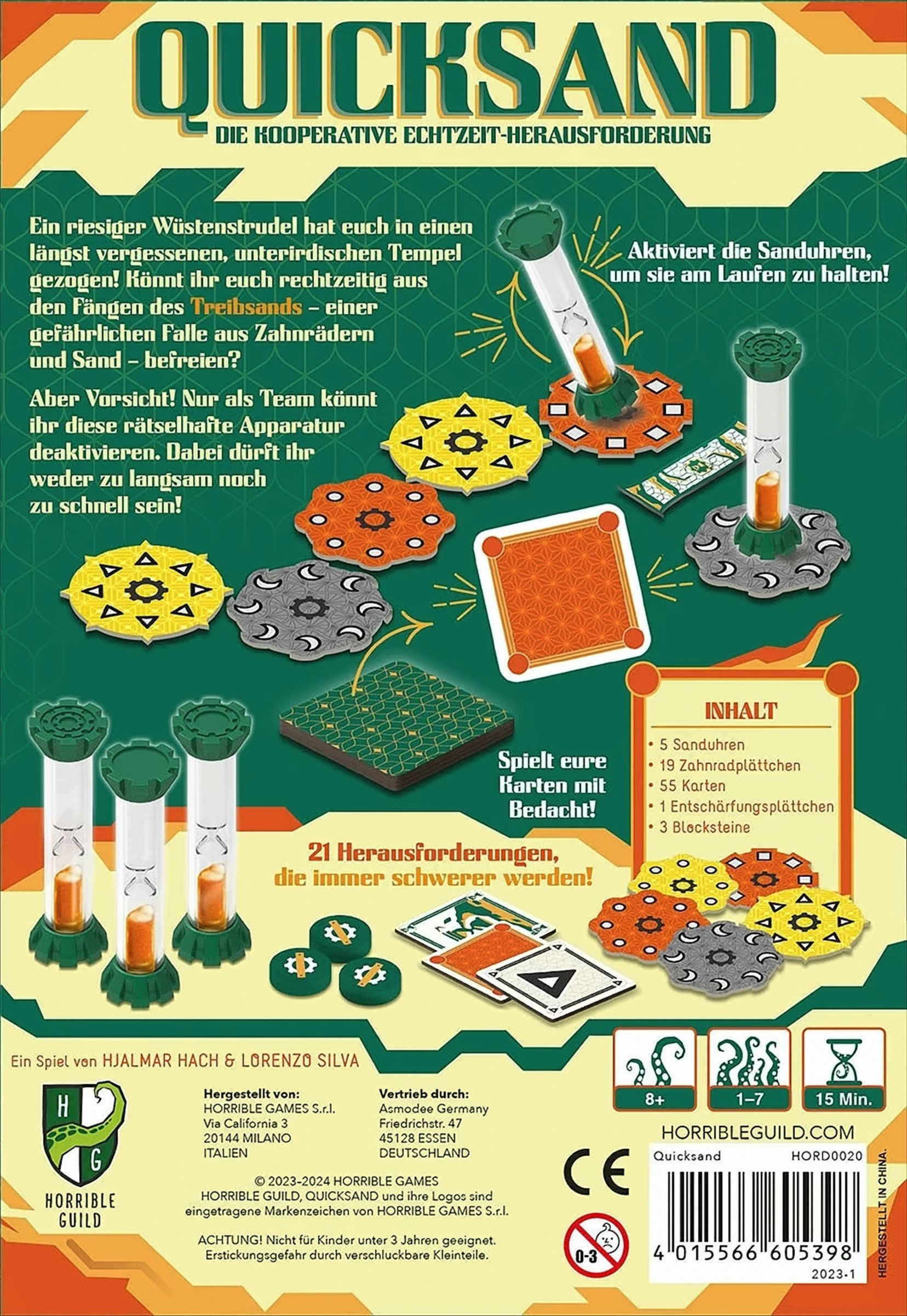 Brettspielbox, mit Spielsteinen, Sanduhren und Text in mehreren Sprachen.
