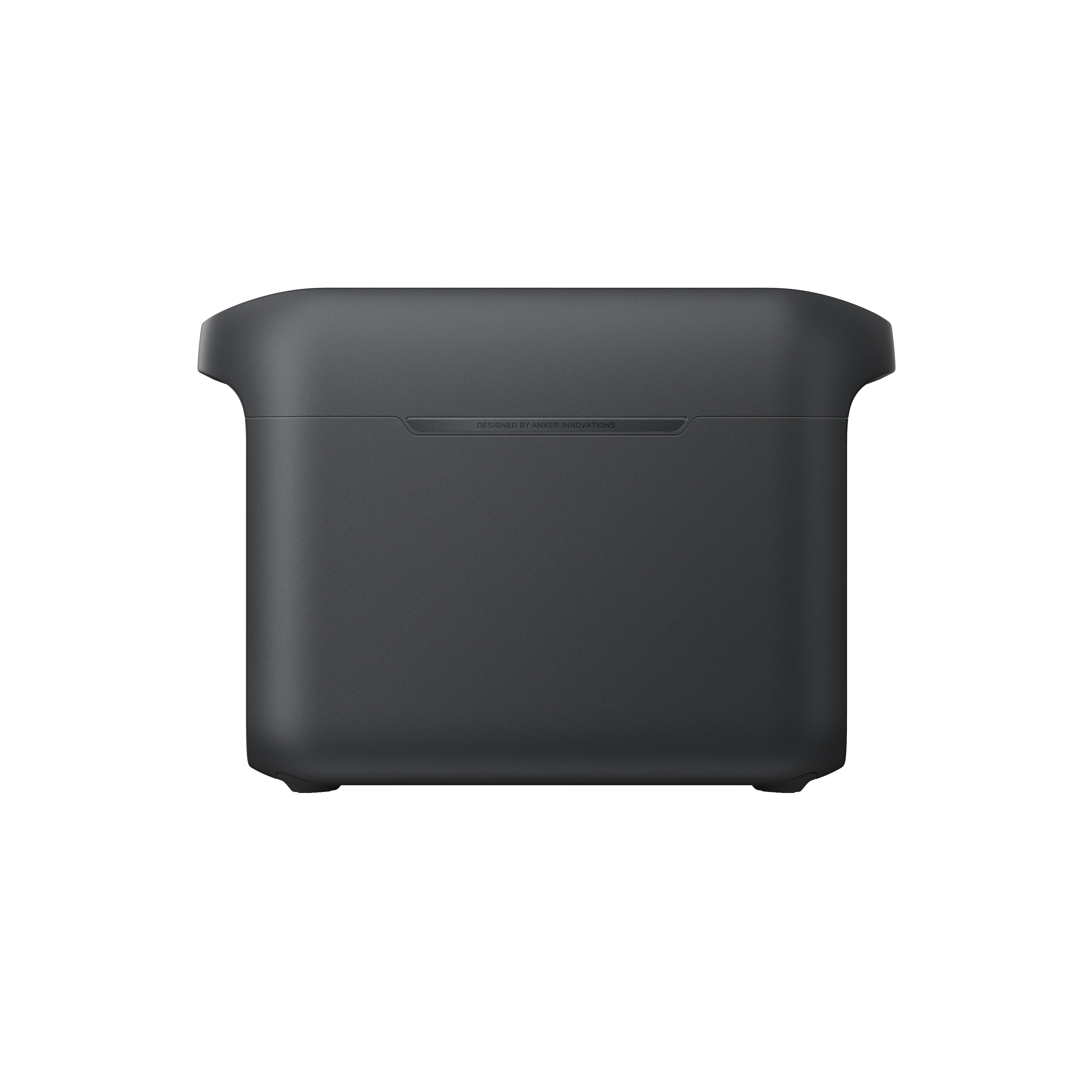 Czarny prostokątny pojemnik z zaokrąglonymi krawędziami. Białe tło.