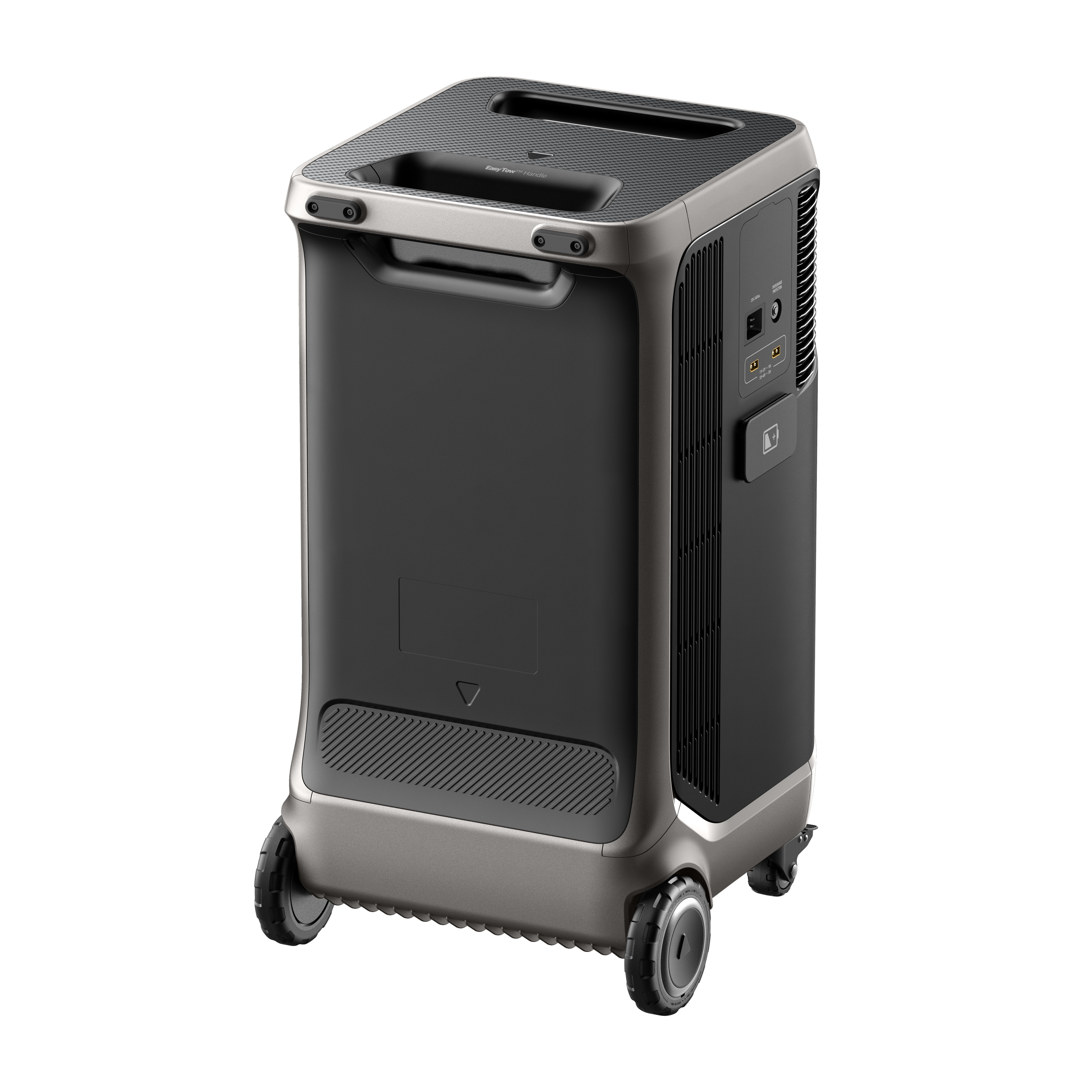 Czarna i szara przenośna stacja zasilania na kółkach, z uchwytem na górze.