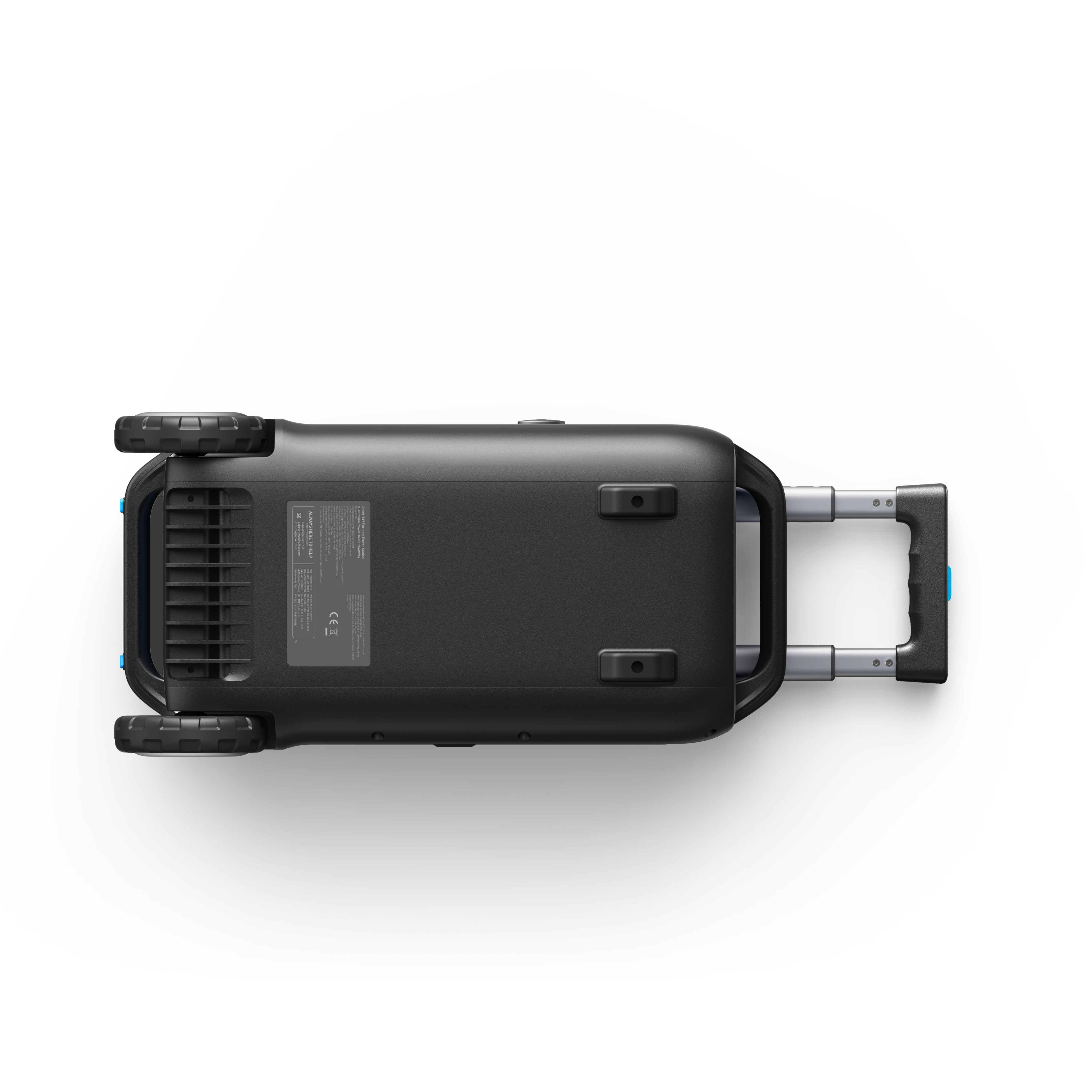 Czarna, prostokątna stacja zasilania na białym tle, widok z góry z wysuniętym uchwytem.