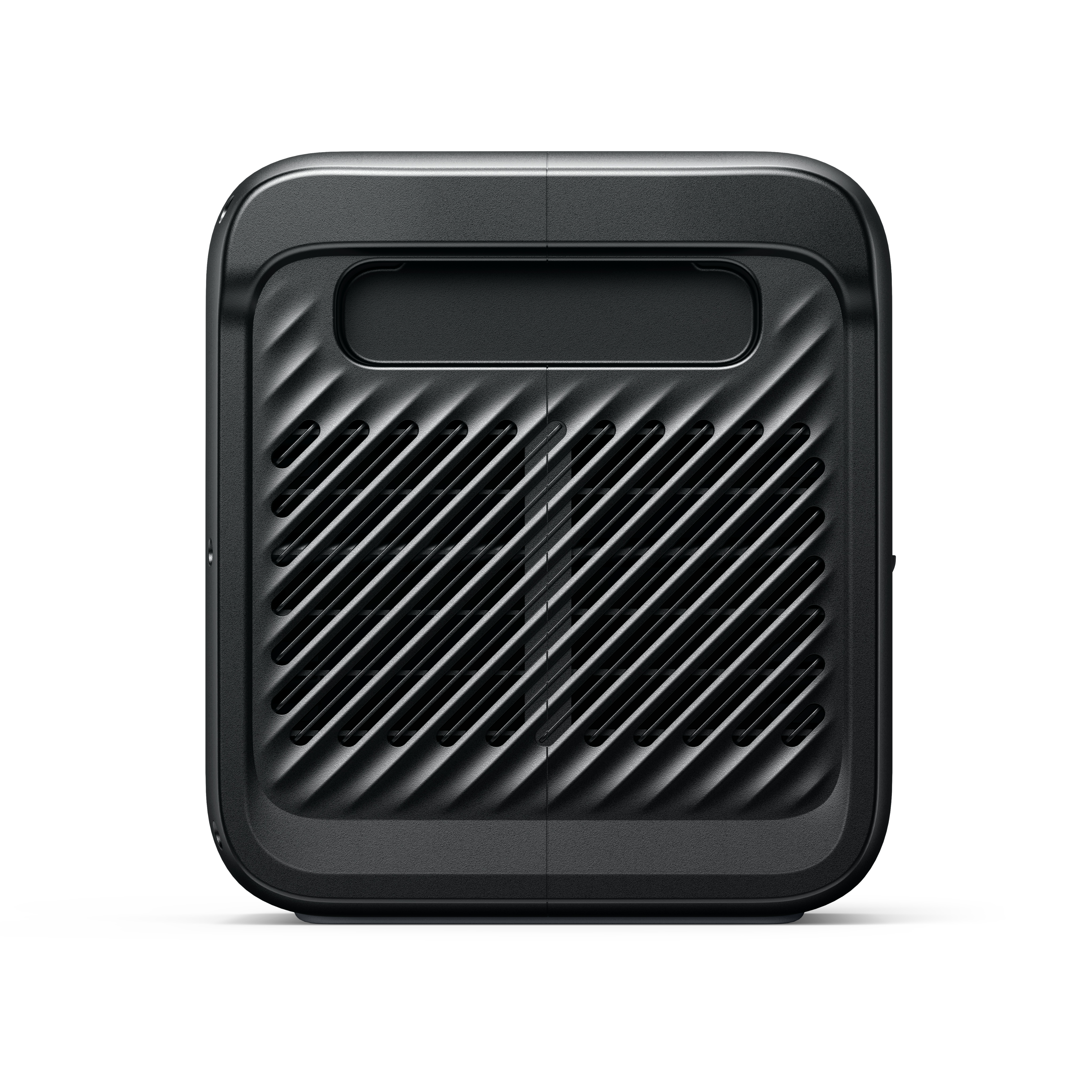 Czarne urządzenie z wzorem kratki. Na górze uchwyt. Boki mają rowek.