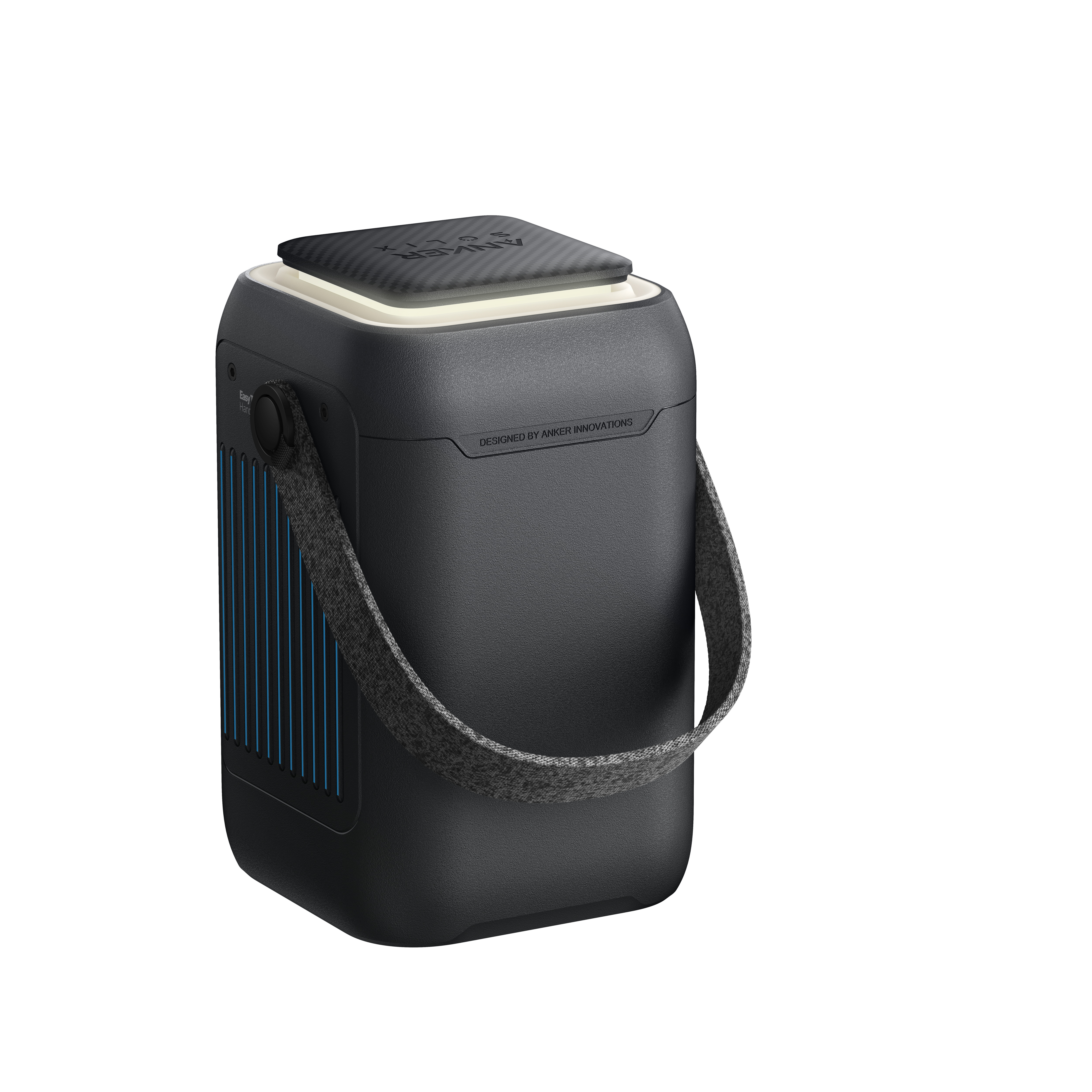 Czarny i szary przenośny oczyszczacz powietrza z uchwytem na białym tle.