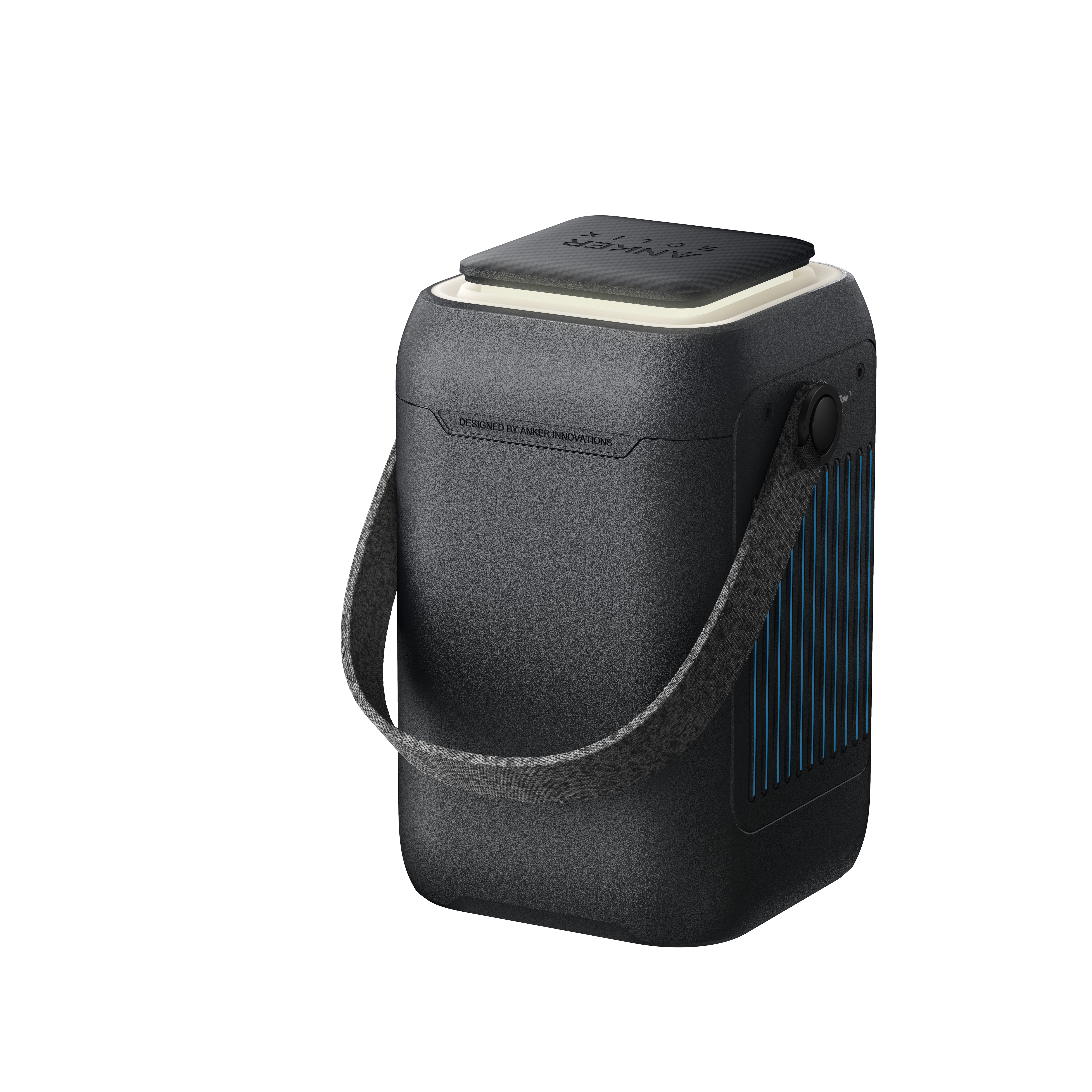 Czarny oczyszczacz powietrza. Posiada uchwyt i otwór wentylacyjny. Marka widoczna na górze i z boku.