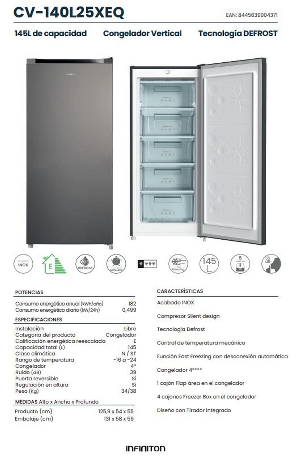 Un congelador vertical con la puerta abierta, revelando estantes. Especificaciones y detalles sobre el congelador.