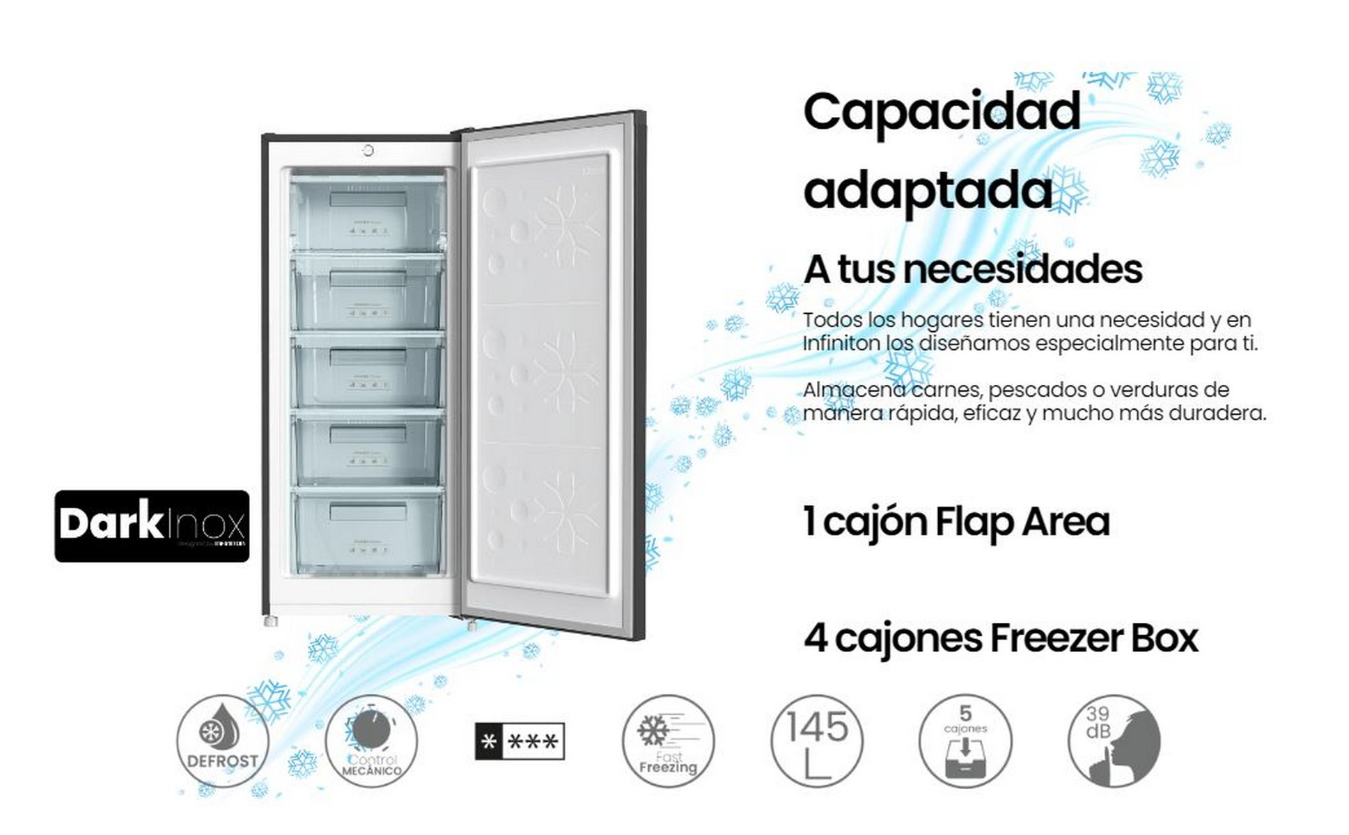 Un refrigerador blanco con la puerta abierta, mostrando cajones. El texto describe características y capacidad.