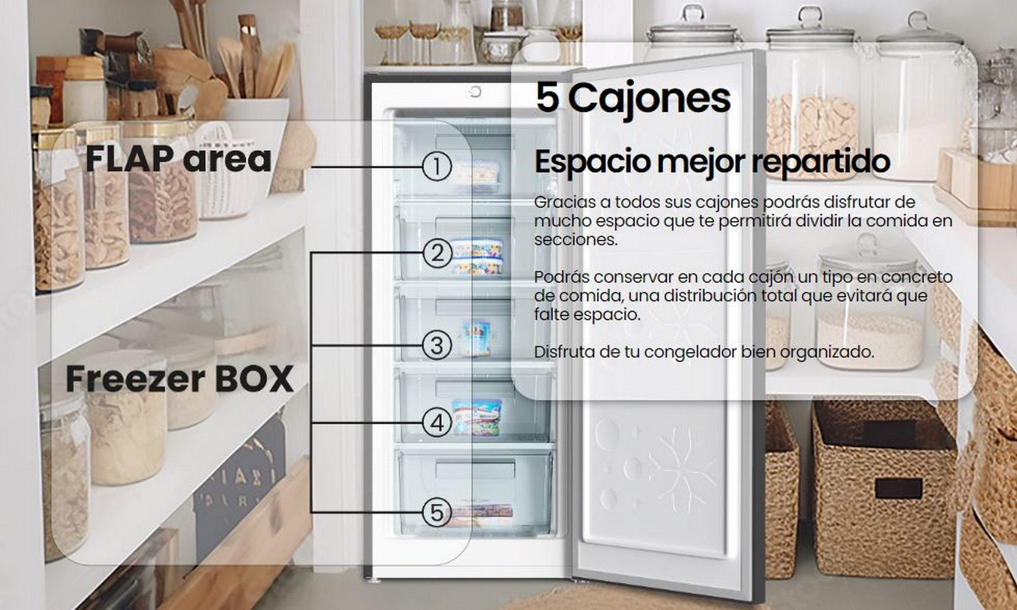 Una despensa de cocina con la caja del congelador abierta, mostrando estantes organizados con varios alimentos.