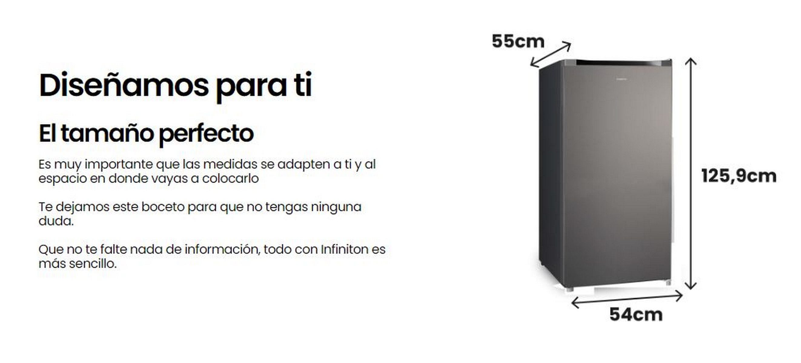 Una nevera gris con dimensiones y texto. Tiene un cuerpo gris oscuro y una parte superior negra.