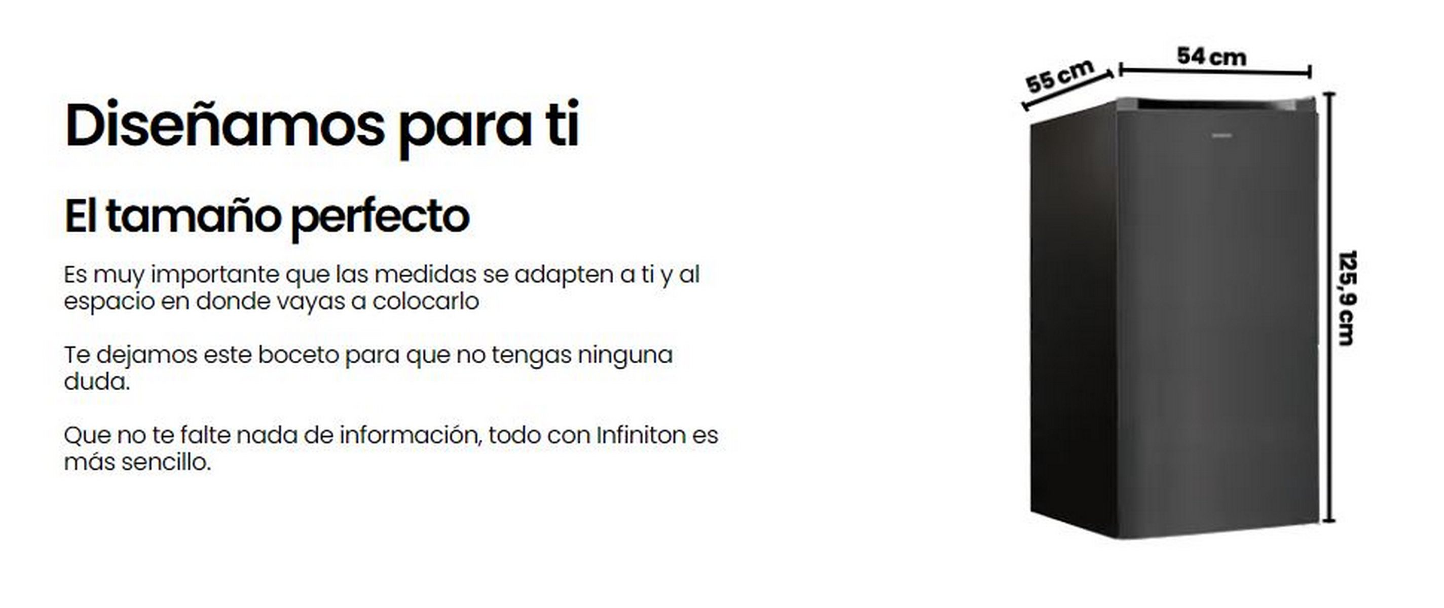 Refrigerador negro con texto y dimensiones. El texto es blanco, el refrigerador es negro.