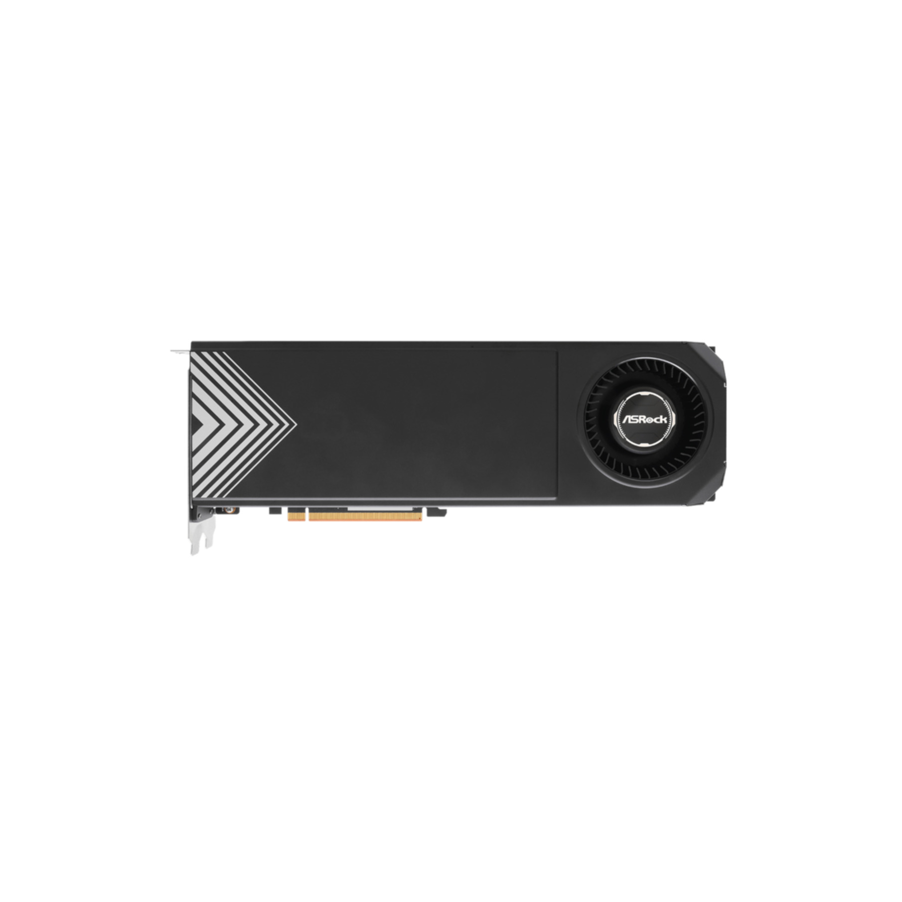 Scheda grafica ASRock nera e argentata su sfondo bianco. Presenta una ventola e il logo ASRock.