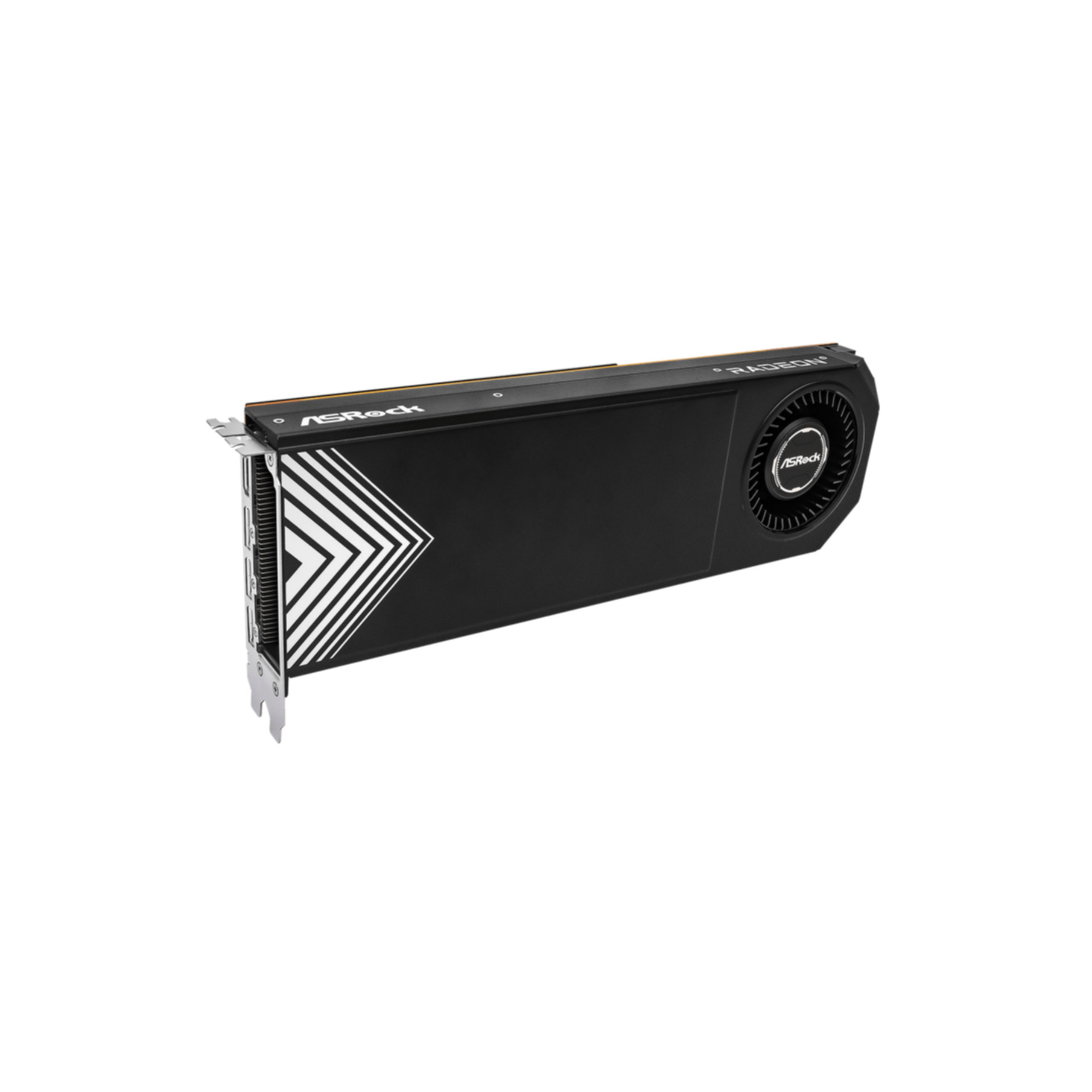 Scheda grafica nera con logo ASRock e ventola su sfondo bianco.