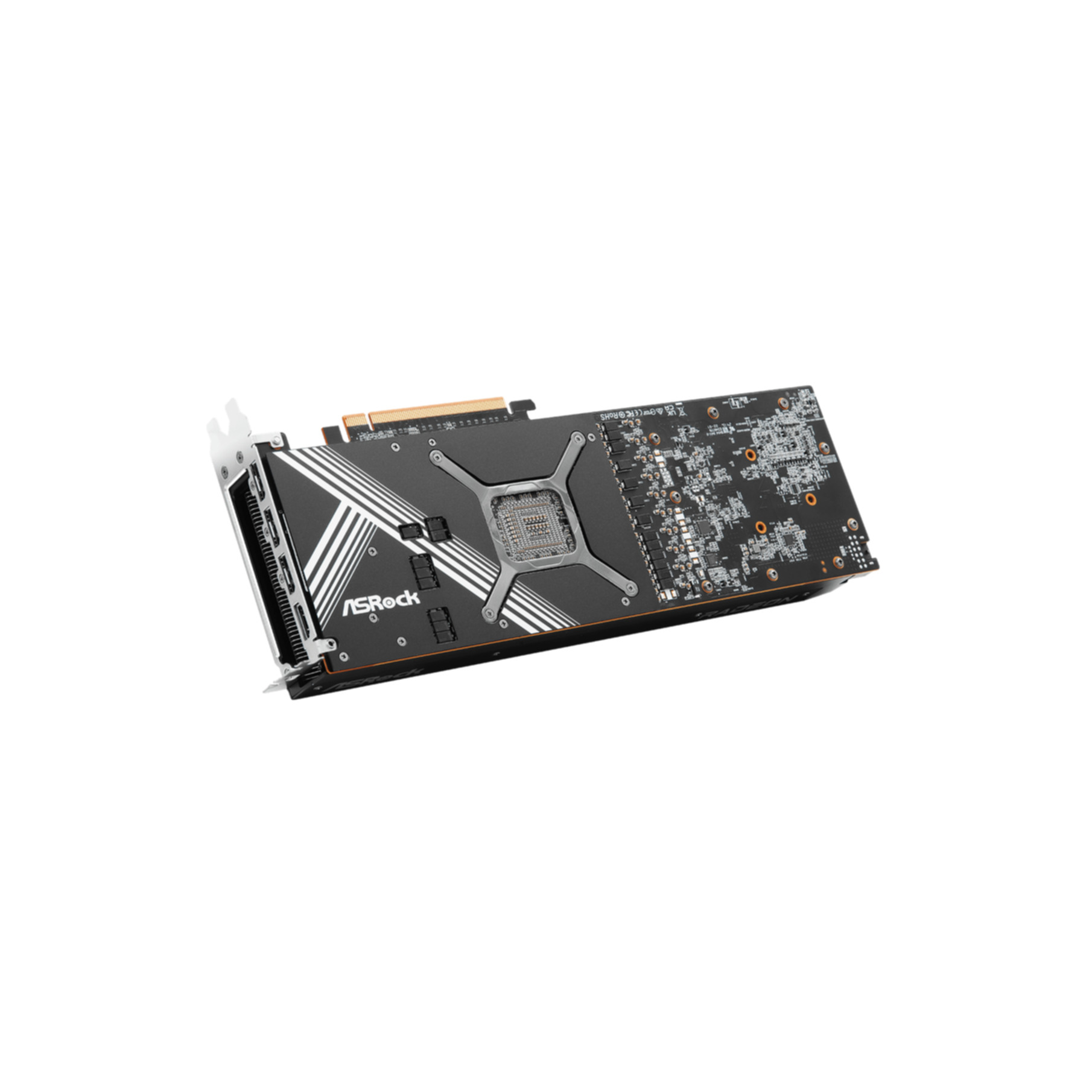 Scheda grafica ASRock nera e argento su sfondo bianco, vista angolata.