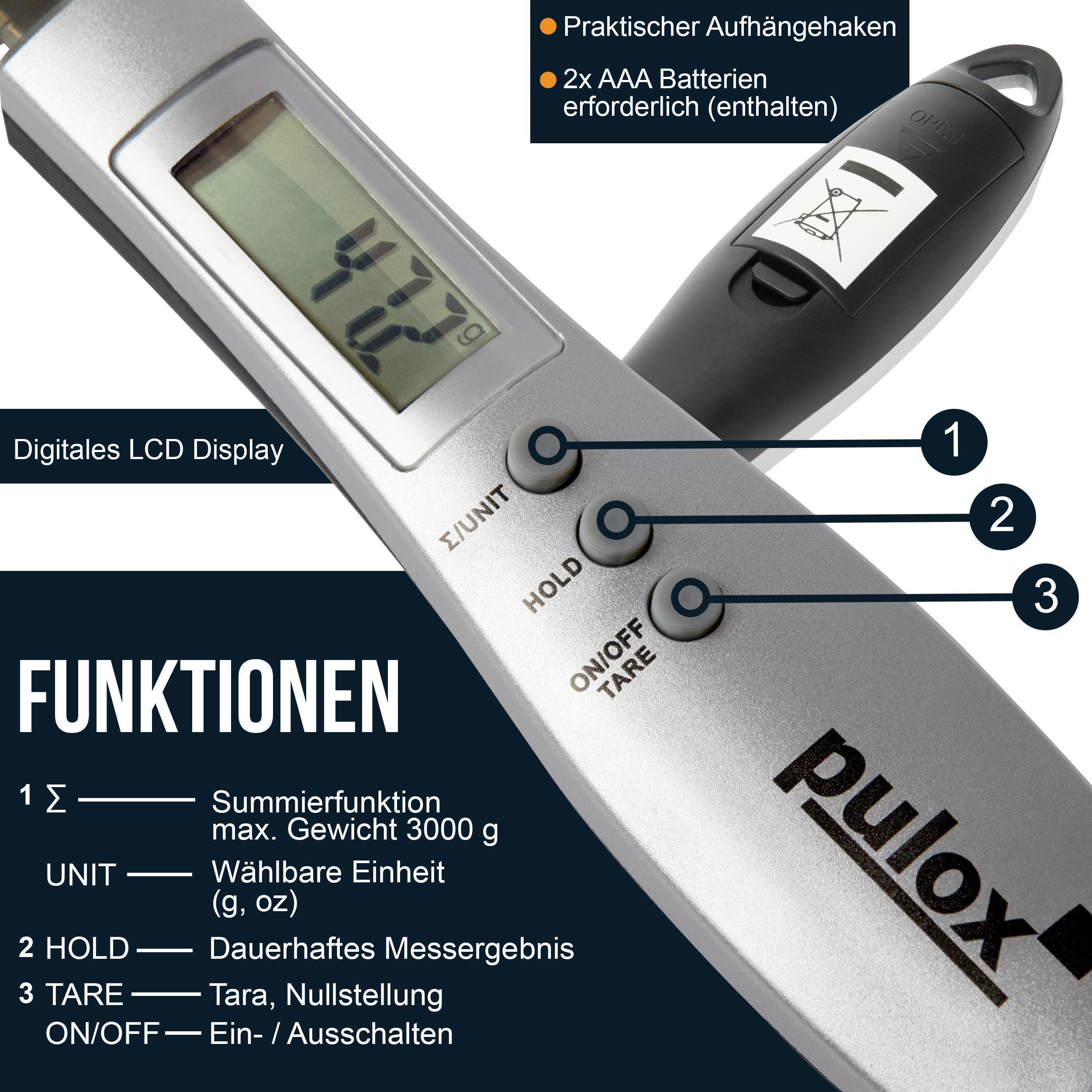 Eine Digitalwaage mit Anzeige, Text und Knöpfen, auf weißer Oberfläche.