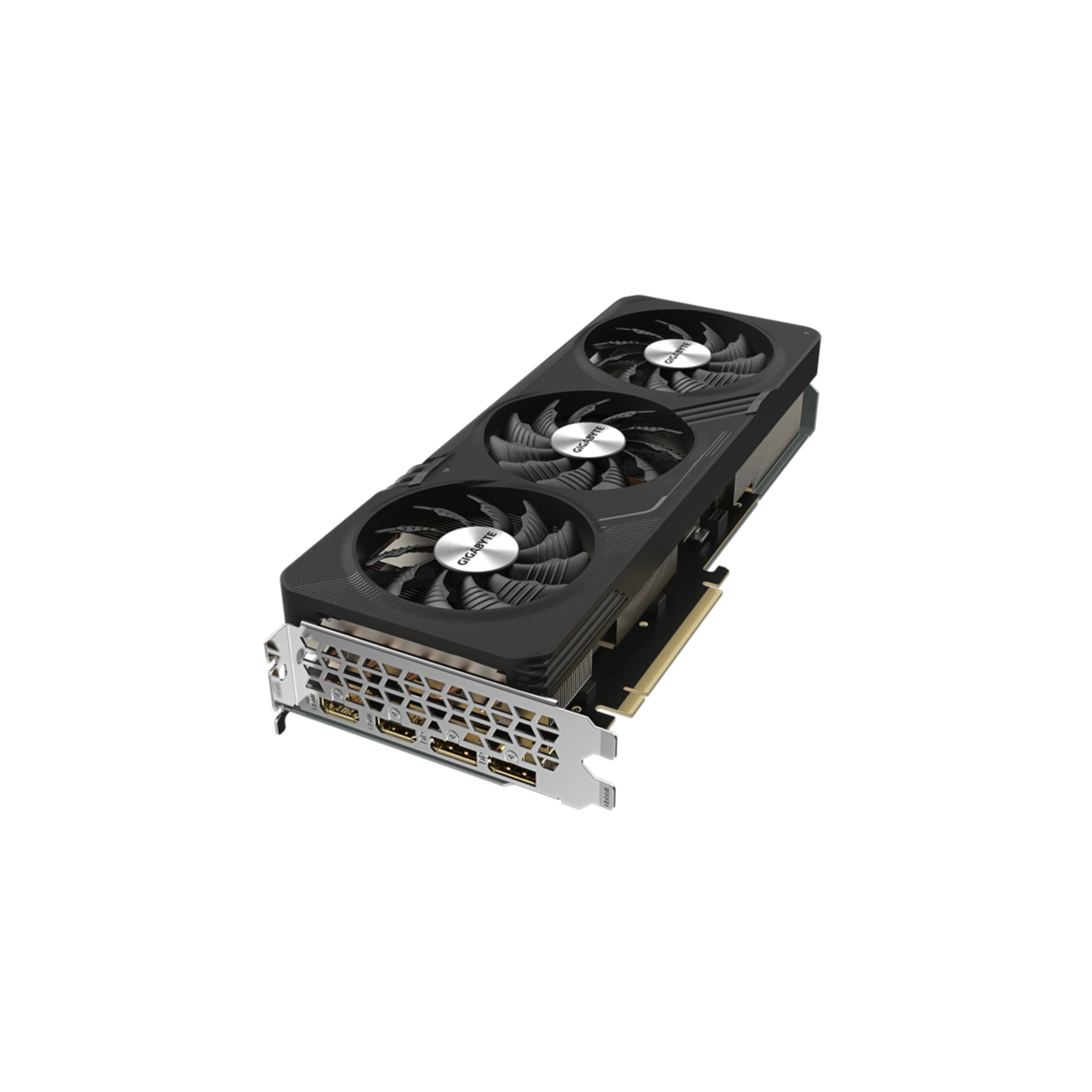 Schwarze Gigabyte Grafikkarte mit drei Lüftern. Silbernes und schwarzes Design, schräge Ansicht.