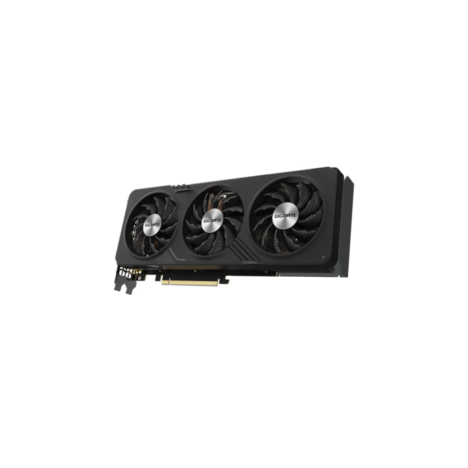 Eine schwarze Gigabyte Grafikkarte mit drei Lüftern. Der Markenname steht auf jedem Lüfter.