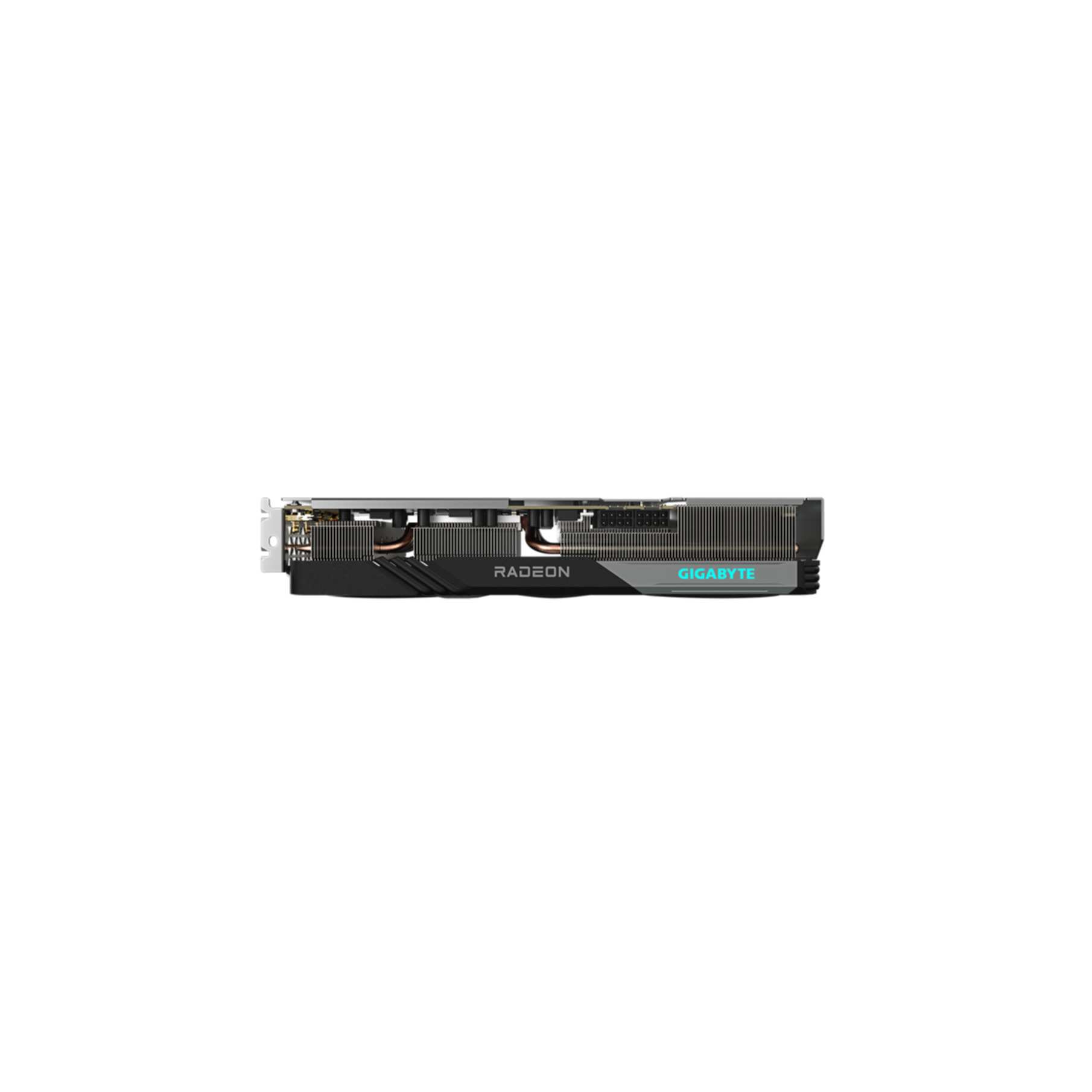 Nahaufnahme einer Grafikkarte. Auf der Karte stehen die Wörter Radeon und Gigabyte.