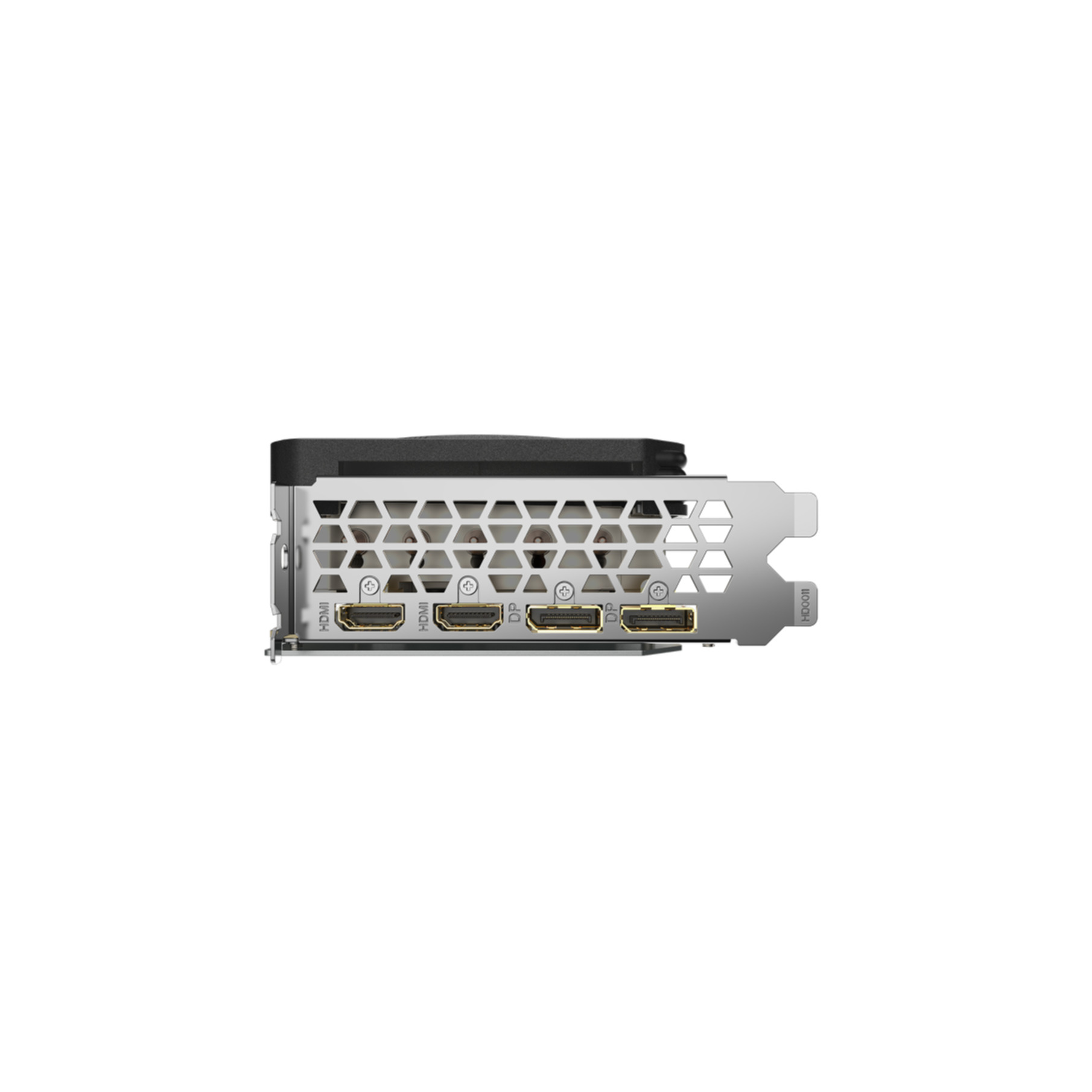 Seitenansicht einer Grafikkarte mit mehreren HDMI- und DP-Anschlüssen.
