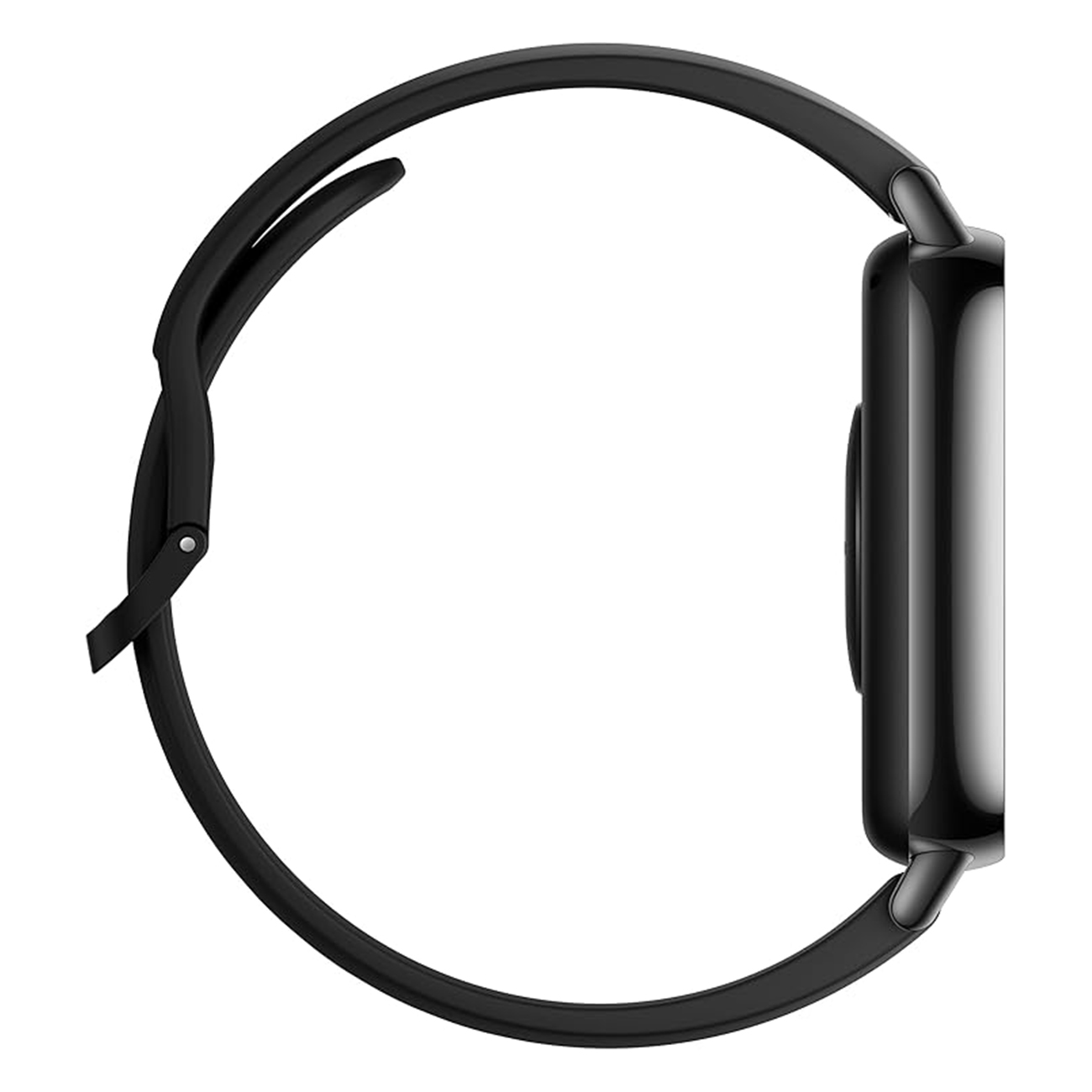 Eine schwarze Smartwatch mit quadratischem Zifferblatt und schwarzem Armband. Seitenansicht.