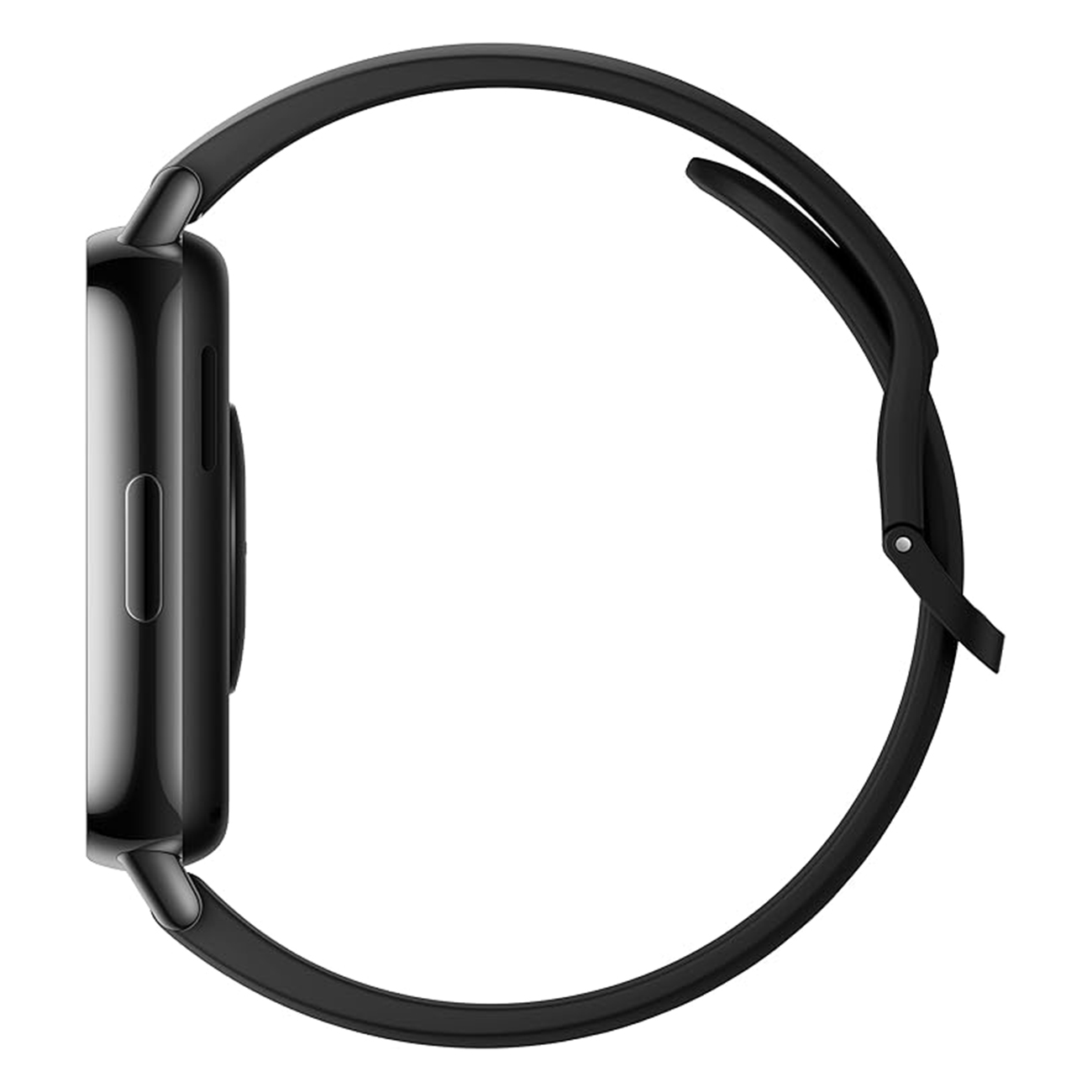 Schwarze Smartwatch mit schwarzem Armband, Seitenansicht.