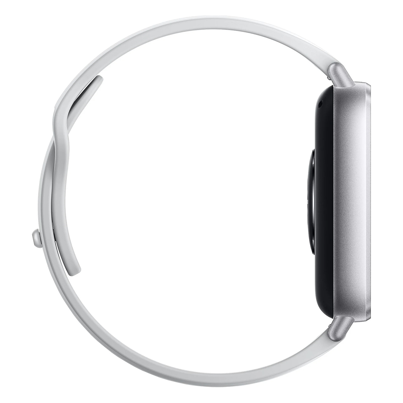 Widok z boku srebrnego smartwatcha z białym paskiem.