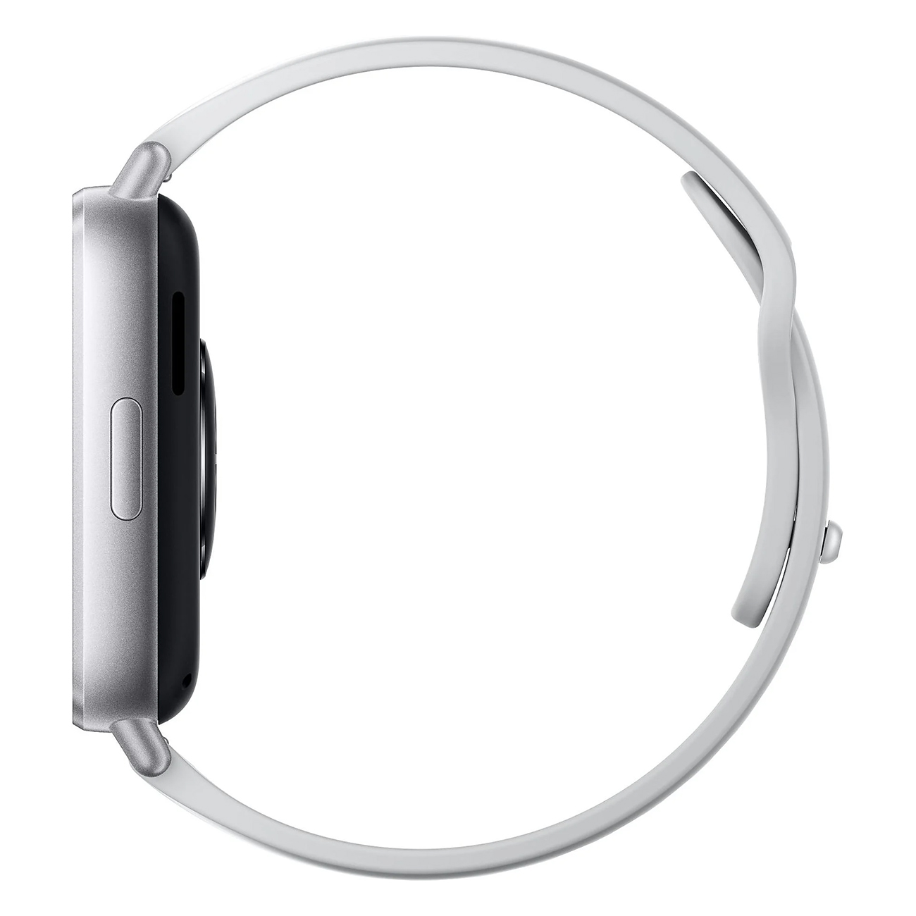 Widok z boku srebrnego smartwatcha z czarnym ekranem i białym paskiem.