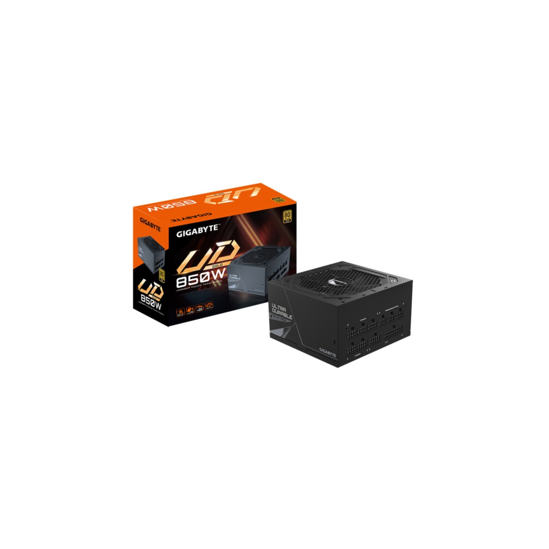 Zasilacz Gigabyte UD 850W i jego pudełko na białym tle.