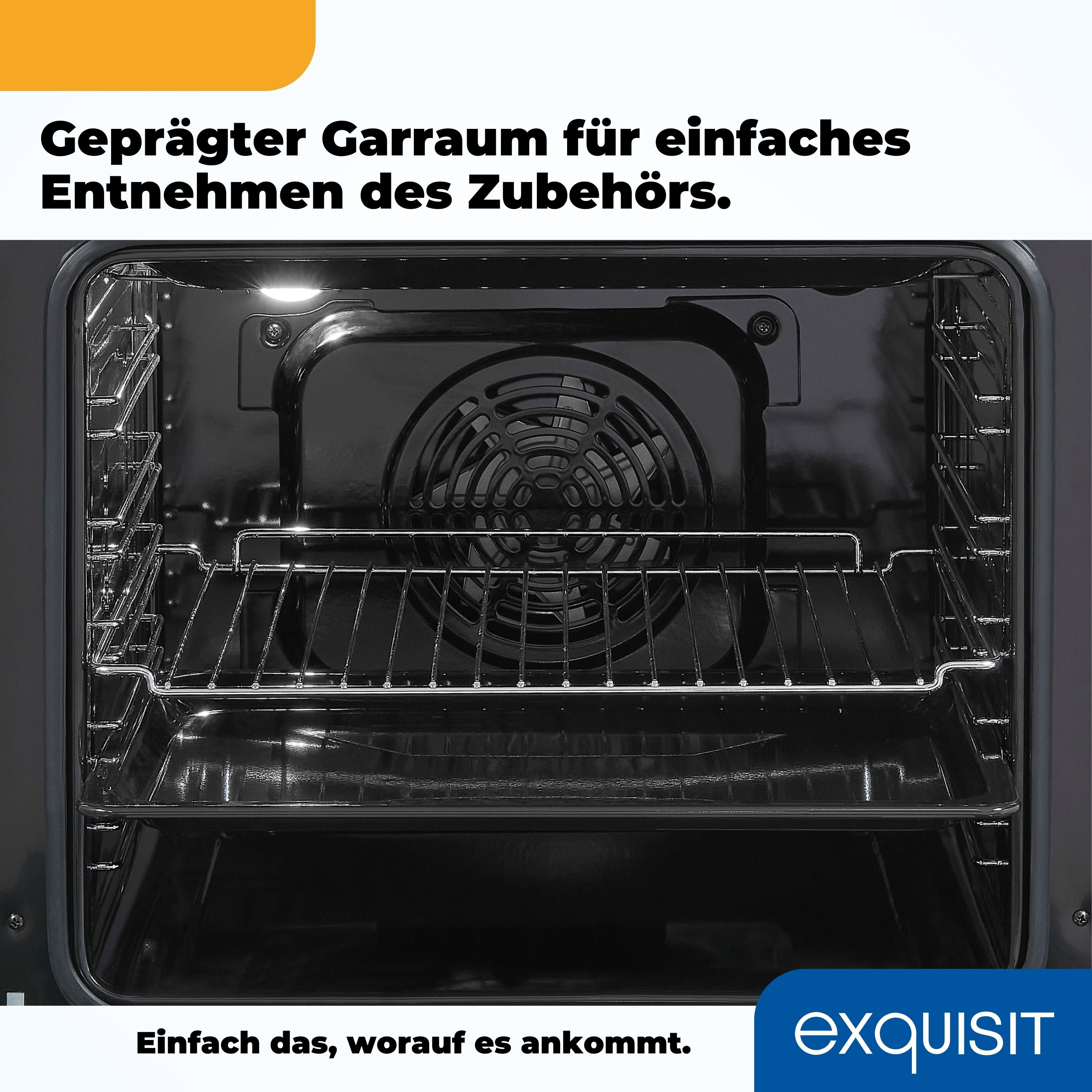 Ein offener Ofeninnenraum mit Rosten, Ventilator und Exquisit-Logo auf schwarzem Hintergrund.