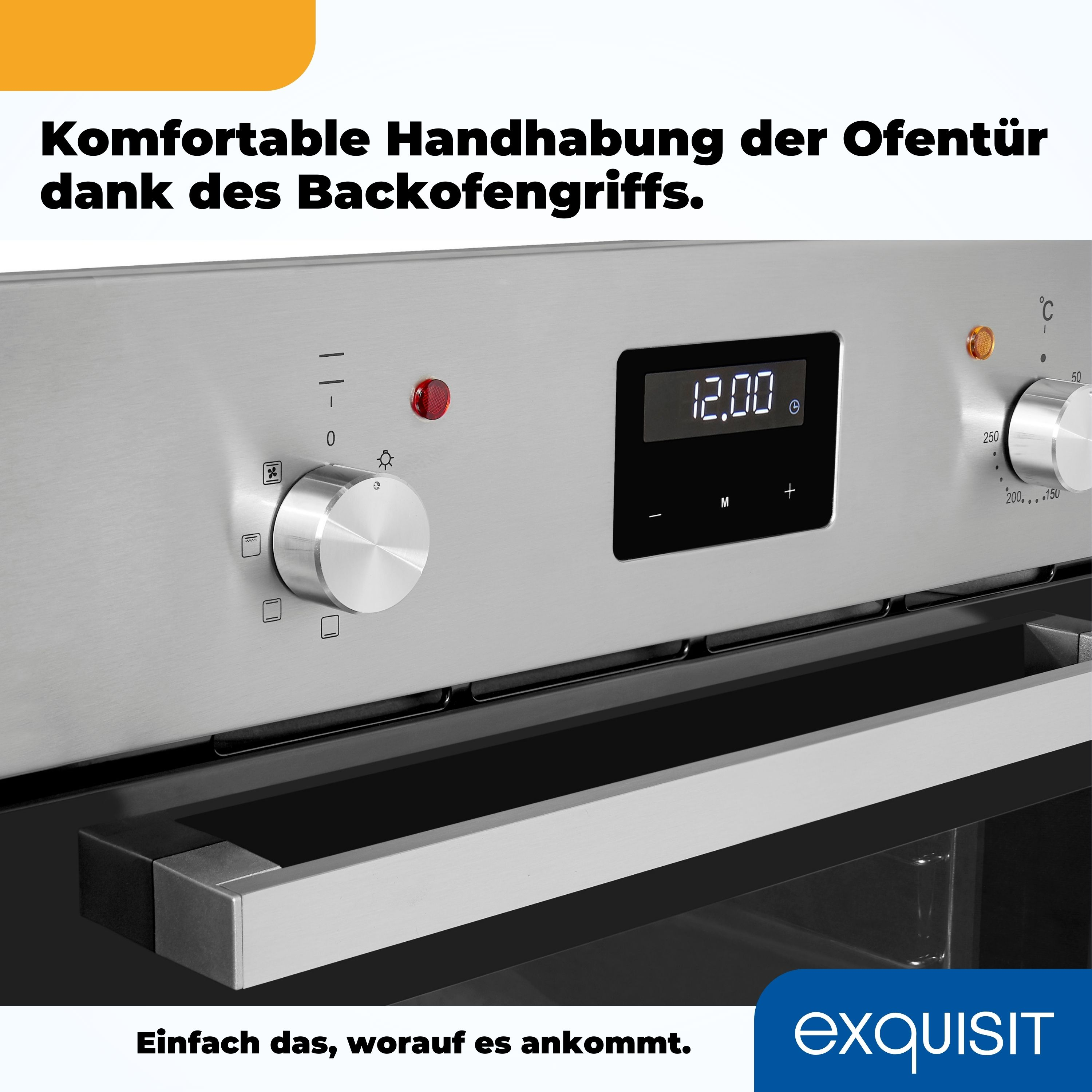 Panel de control del horno con una pantalla digital que muestra '12.00' y perillas. Diseño plateado y negro.