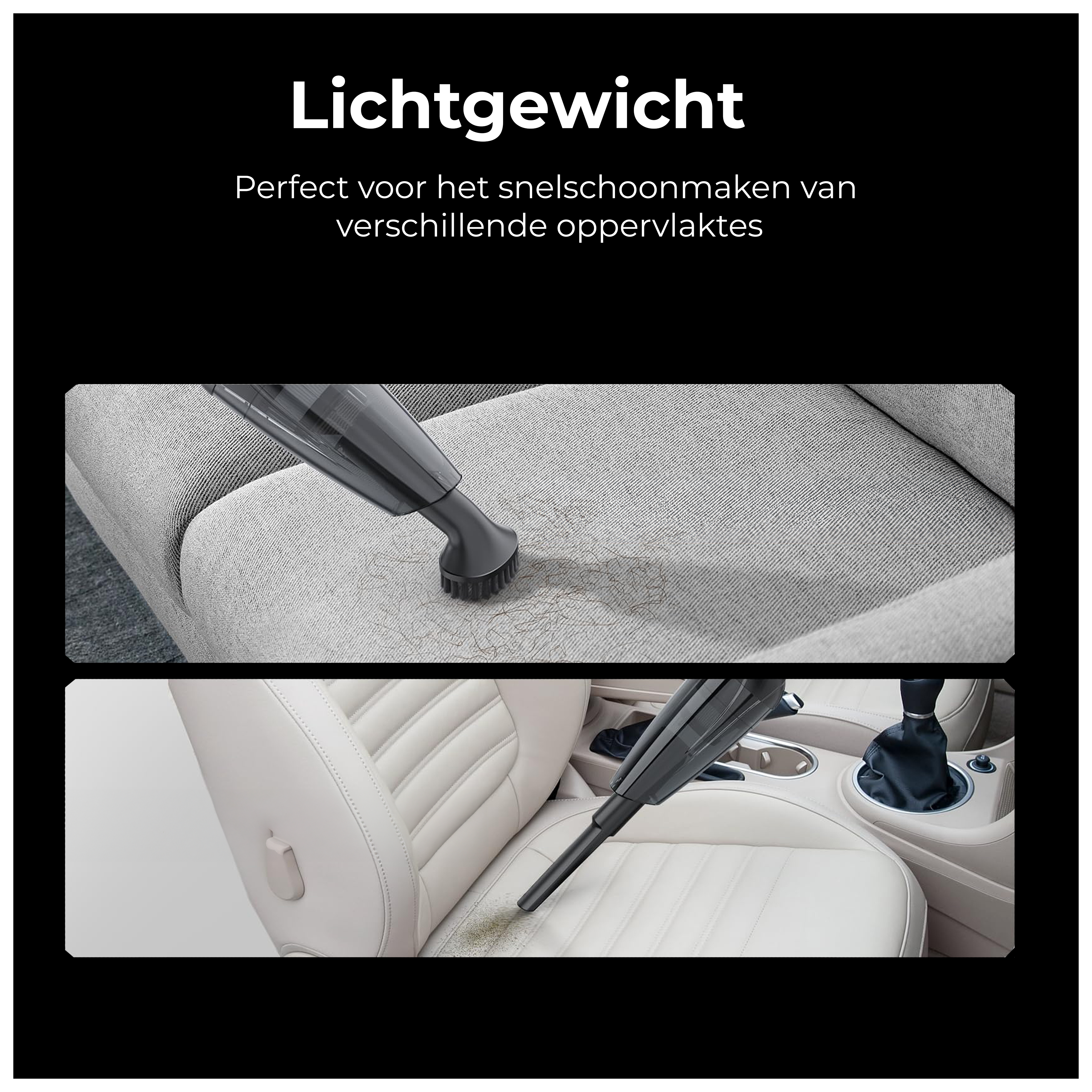 Vacuum cleaner cleaning a sofa and a car seat. Text says 'Lightweight'. 