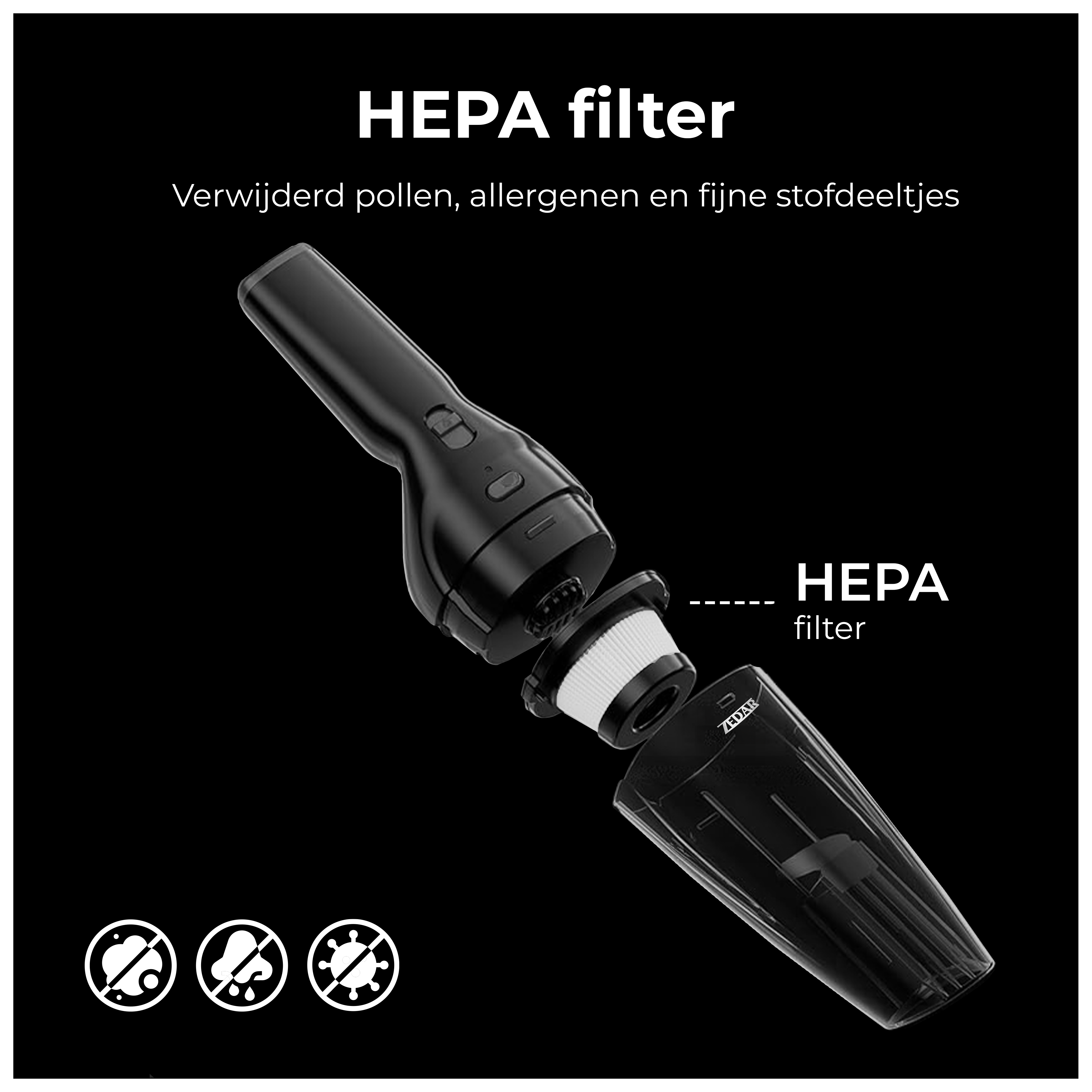Black vacuum cleaner with HEPA filter. Parts are separated. Text indicates it removes allergens.