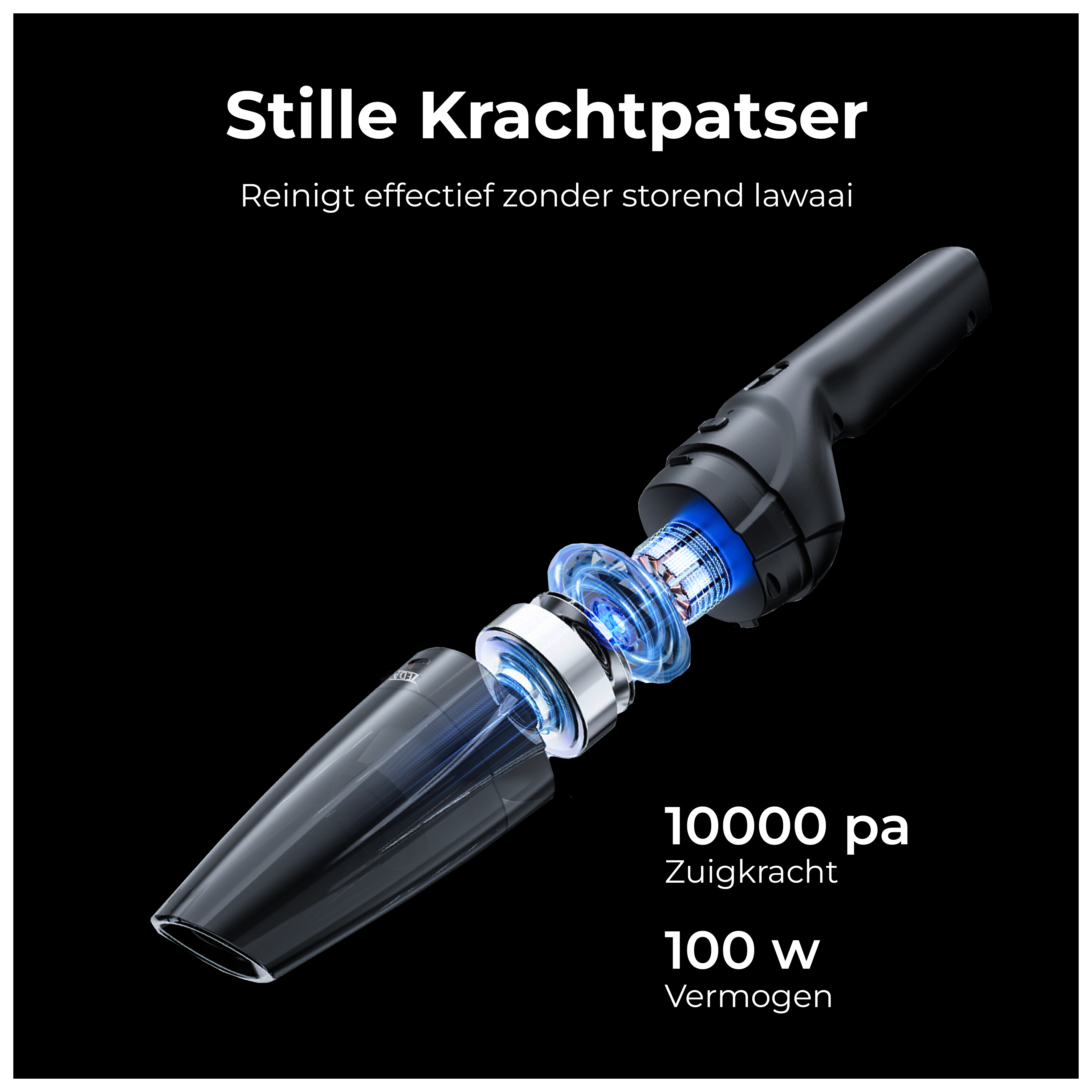 Vacuum cleaner, black with details. Text in Dutch. 10000 pa suction power, 100w power.