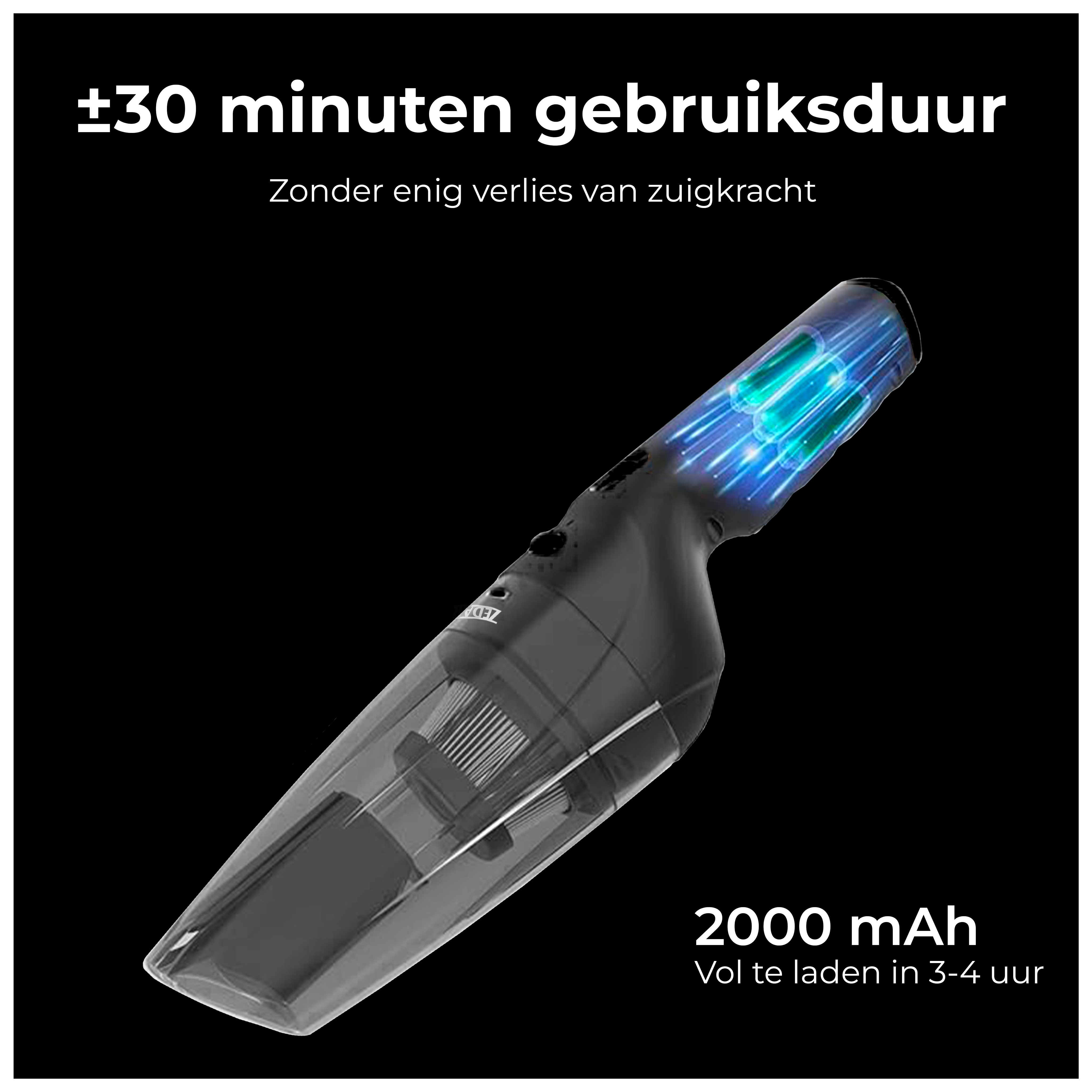 Handheld vacuum cleaner. Black and grey. Blue lights at the top. 2000 mAh battery.
