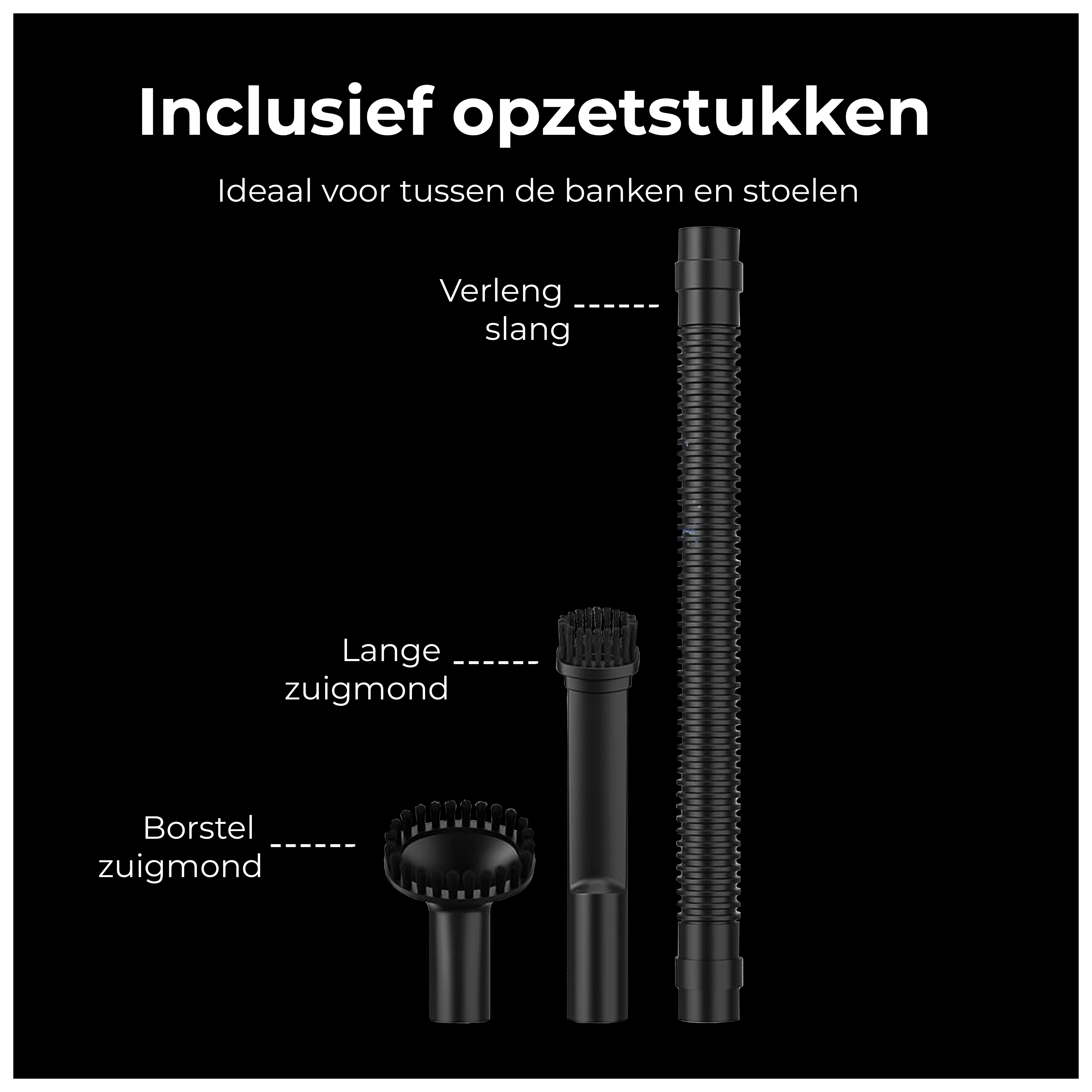 Black vacuum cleaner attachments are displayed against a black background. Text labels identify each part.