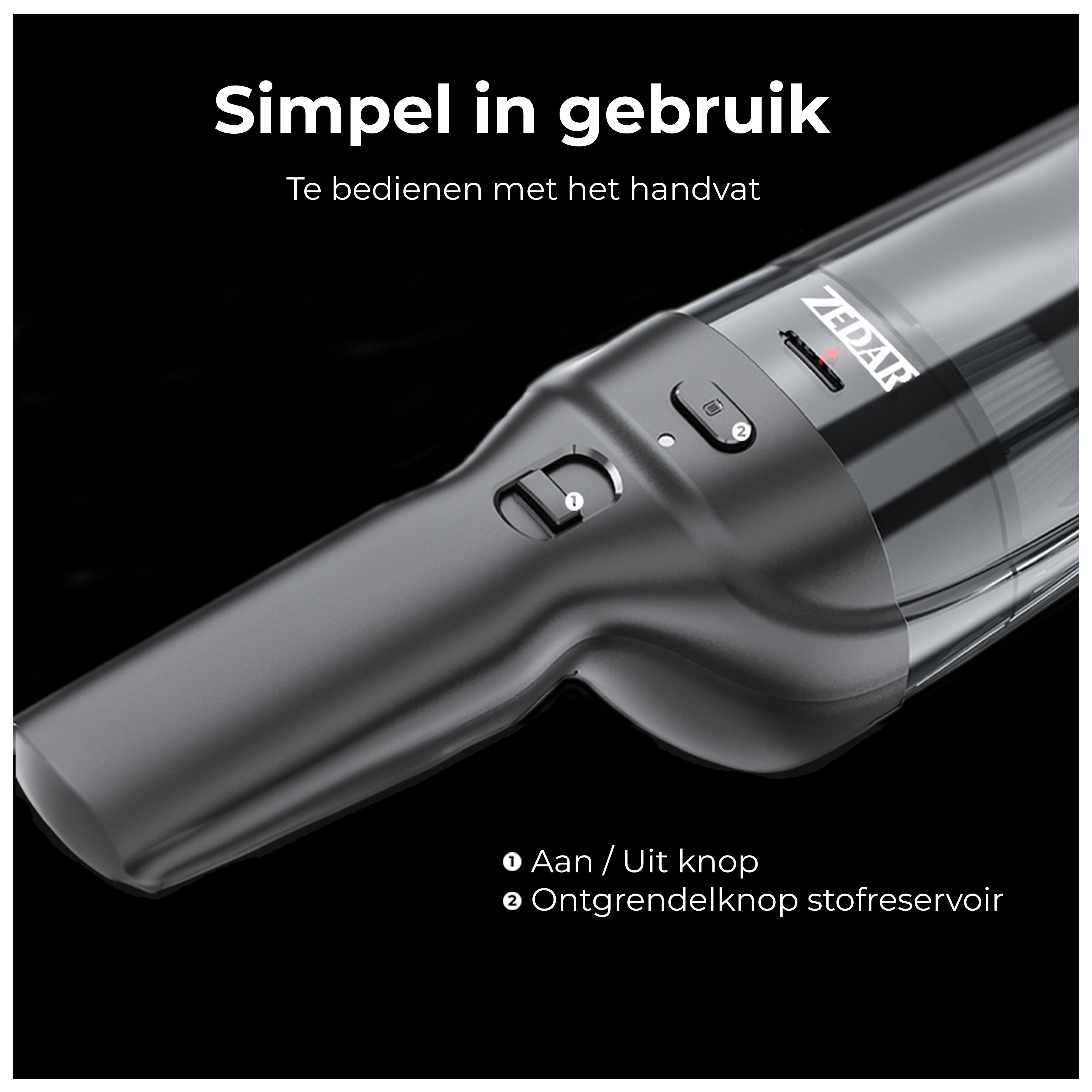 Black handheld vacuum cleaner. Shows the power button and the dust container release button.