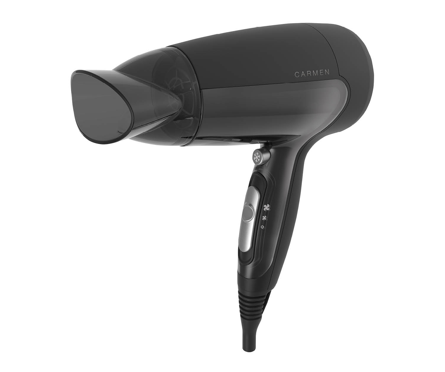Black hair dryer on a white background. The word CARMEN is written on the side.
