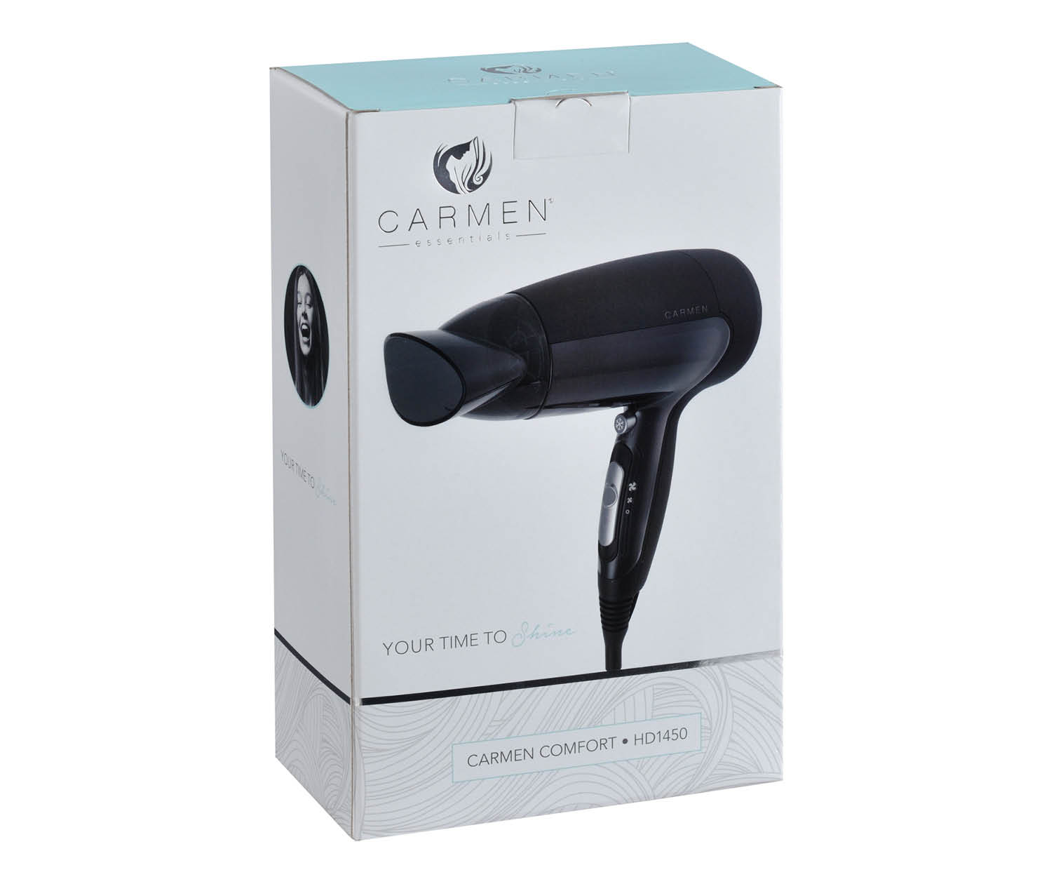 Hair dryer in a box. Carmen essentials logo and the words 'Your time to shine'.