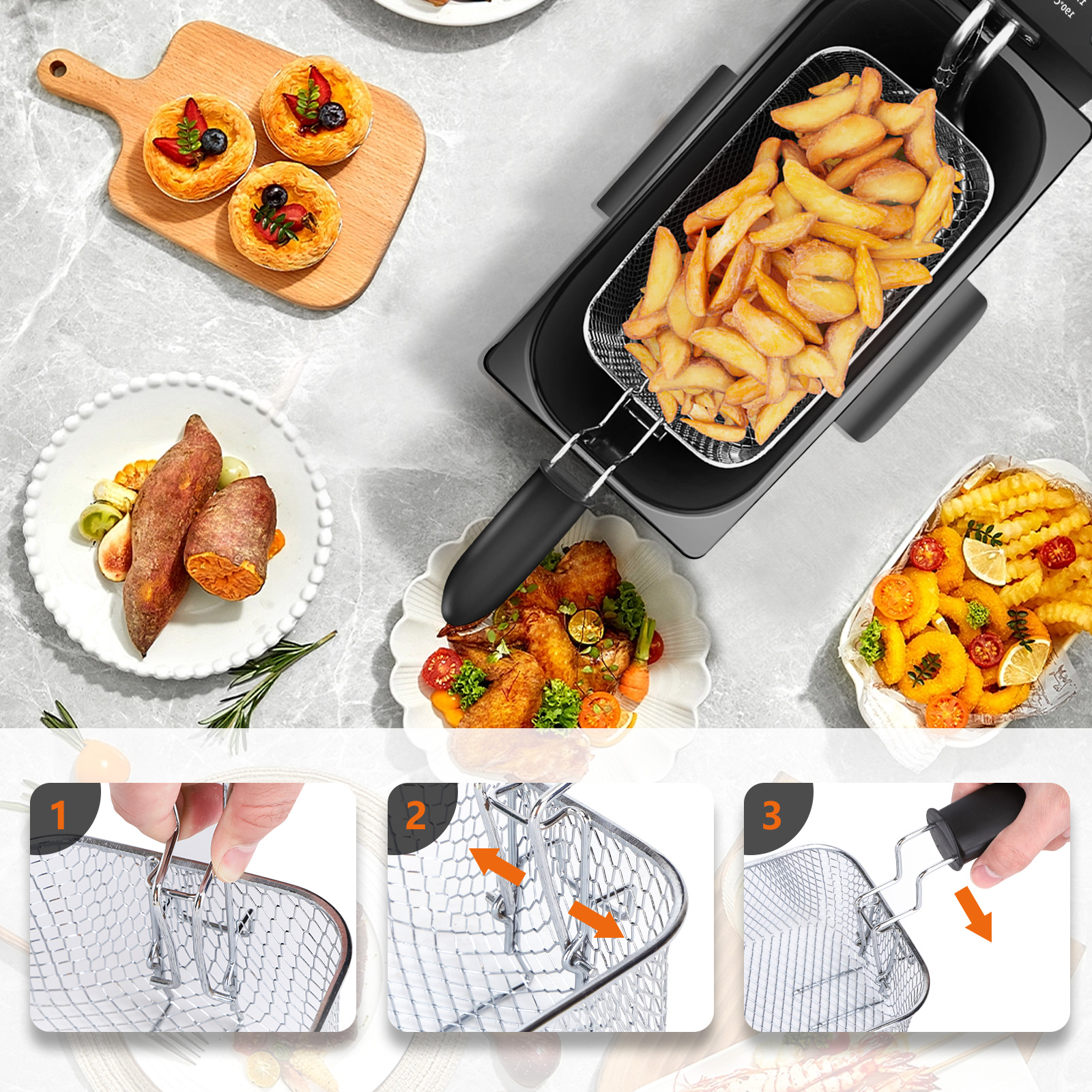 Freidora con patatas fritas, comida cocinada y pasteles en tabla. Se levanta cesta metálica.