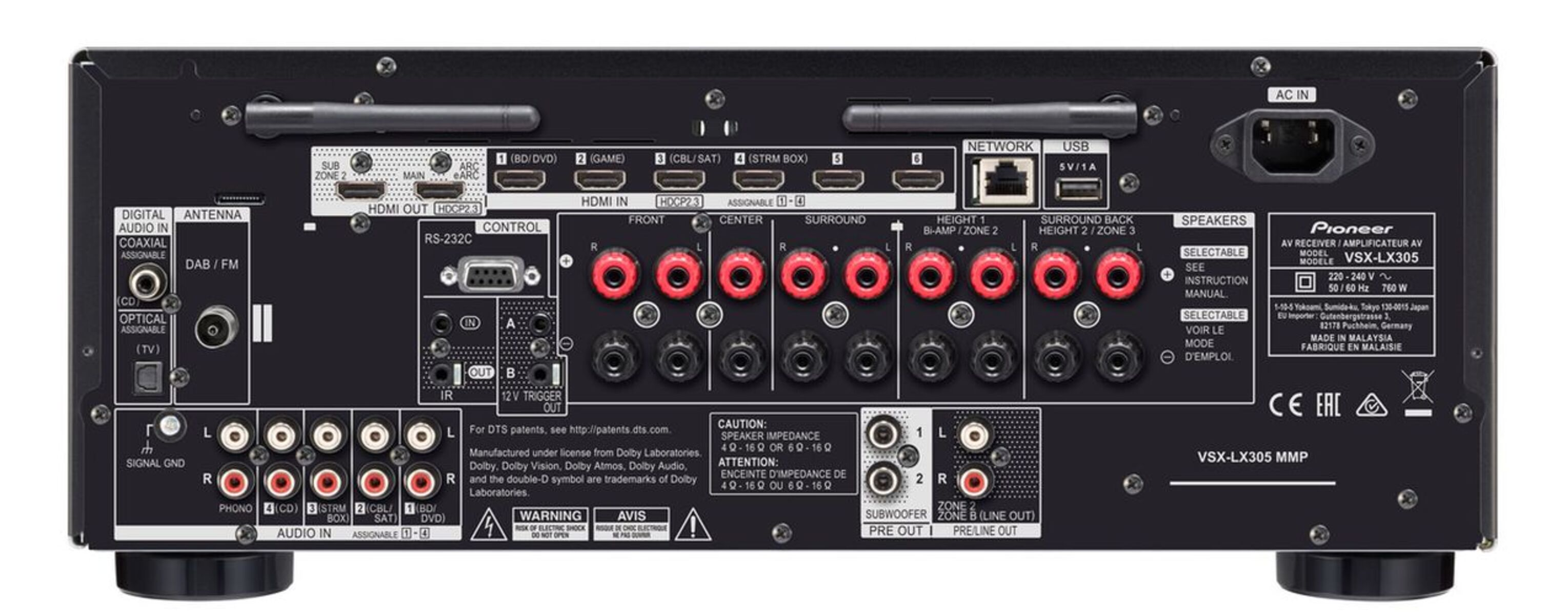 Die Rückseite eines schwarzen Pioneer AV-Receivers mit zahlreichen Eingangs- und Ausgangsanschlüssen.
