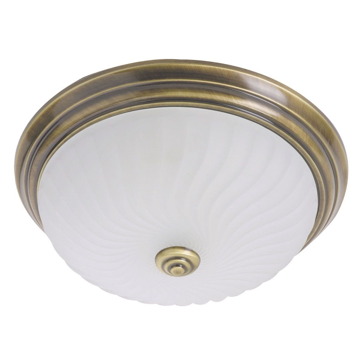 Een plafondlamp met een witte, glazen lampenkap met patroon.