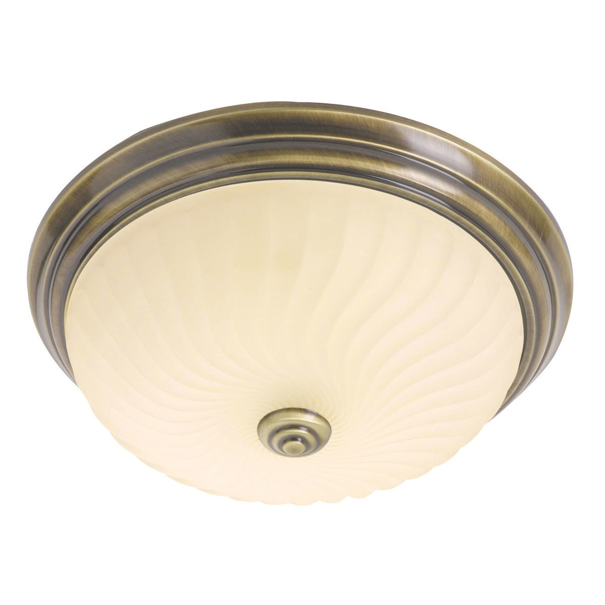 Een ronde plafondlamp met bronzen afwerking en een mat glazen kap met golfpatroon.
