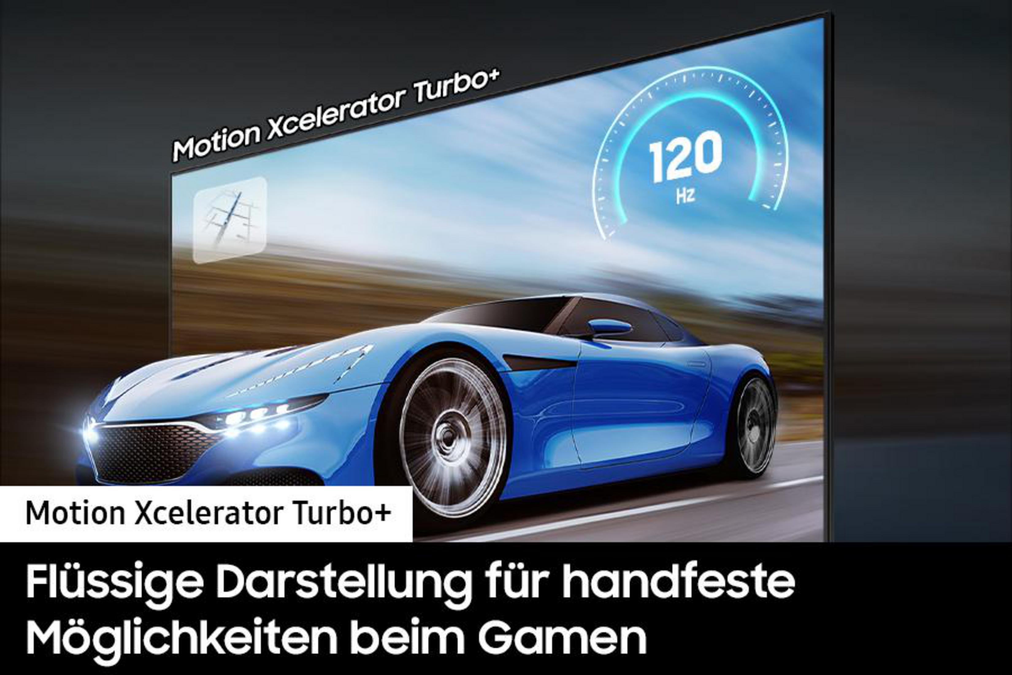 Ein blaues Sportauto auf einer Straße, ein Bildschirm mit 120 Hz Grafik.