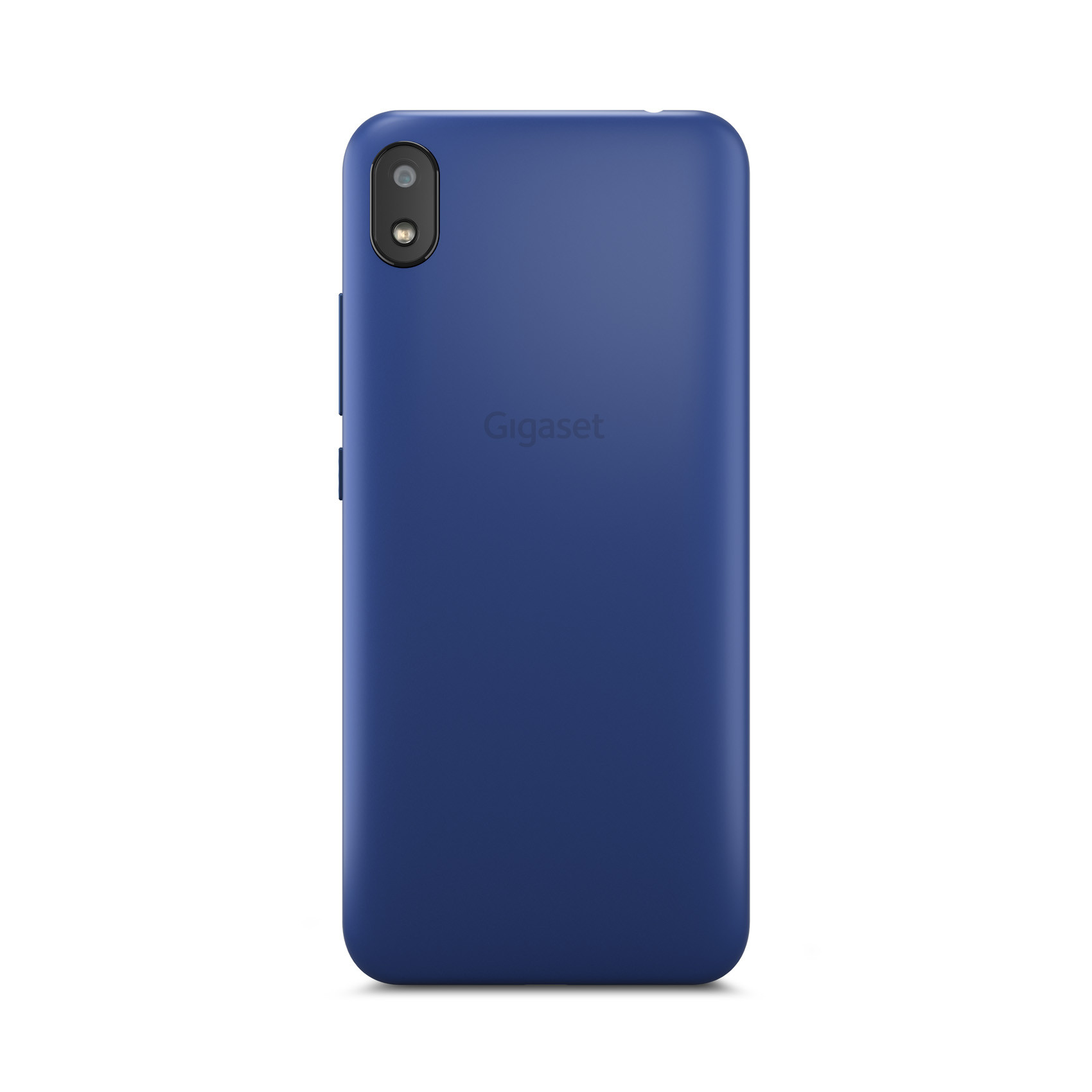 Rückseite eines blauen Telefons. Kamera und Tasten sichtbar, Gigaset-Logo. Weißer Hintergrund.