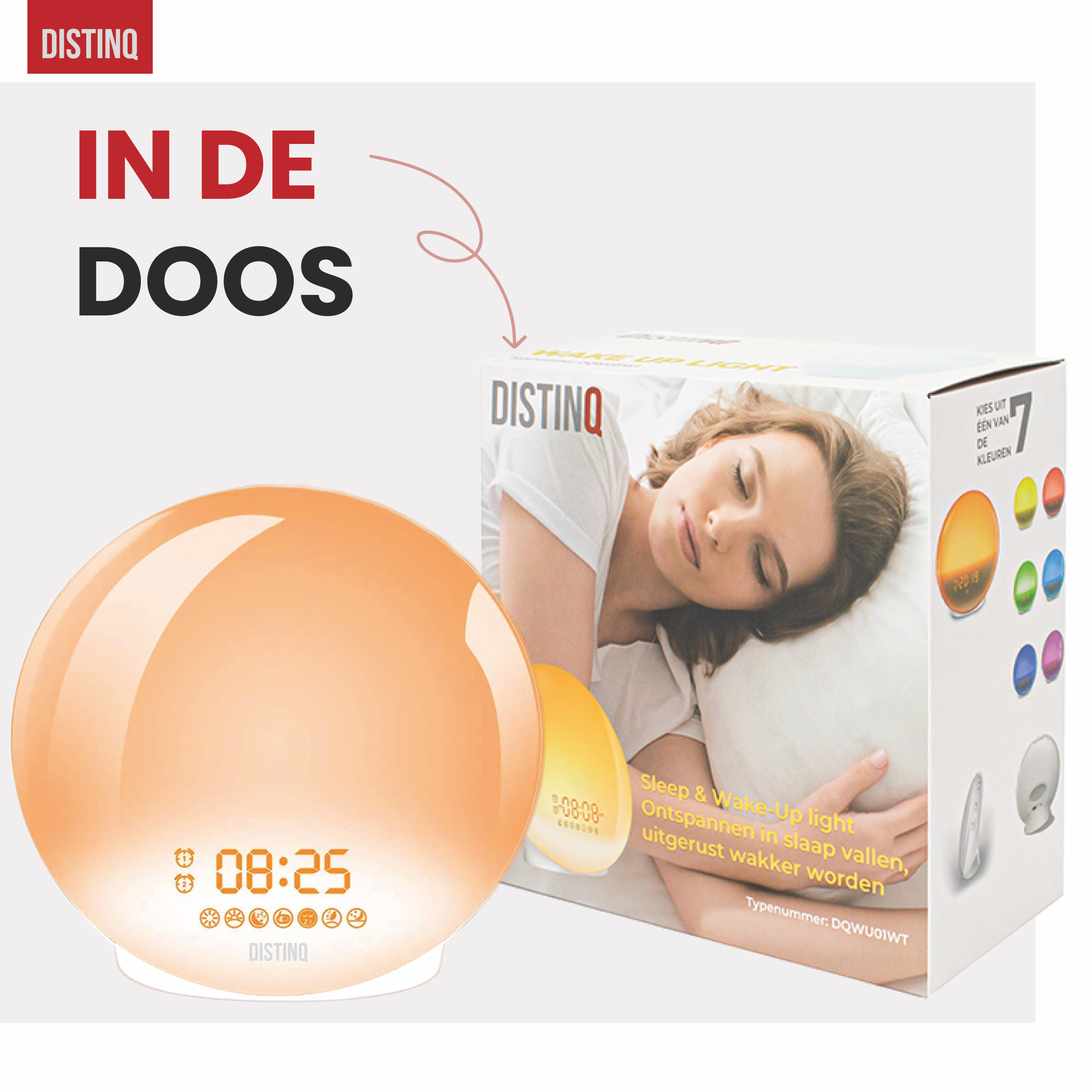 Alarm clock with orange glow, time 08:25. Box shows woman sleeping with text about sleep & wake up light.