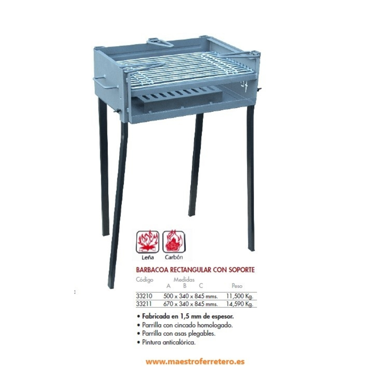 Barbacoa rectangular con soporte, hecha de acero.
