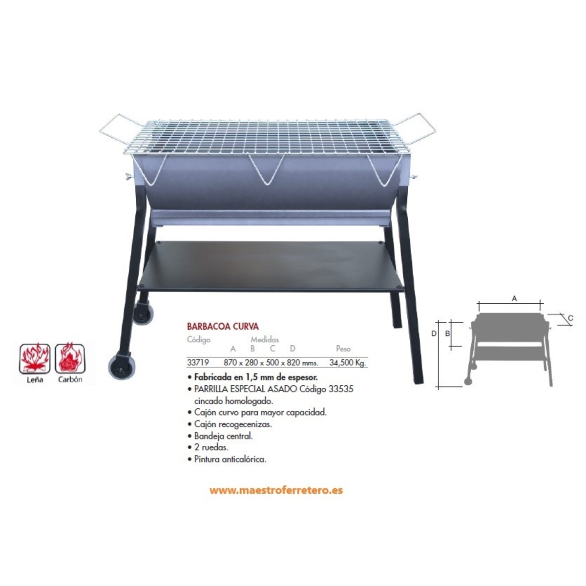 Barbacoa metálica con texto en español y un dibujo esquemático.