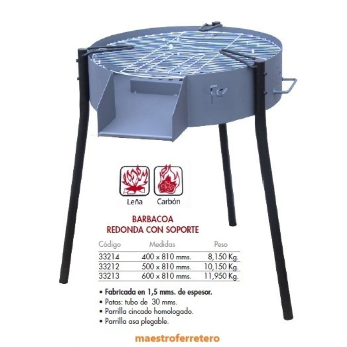 Barbacoa redonda de metal con patas, rejilla y texto. Incluye medidas y detalles sobre carbón o madera.