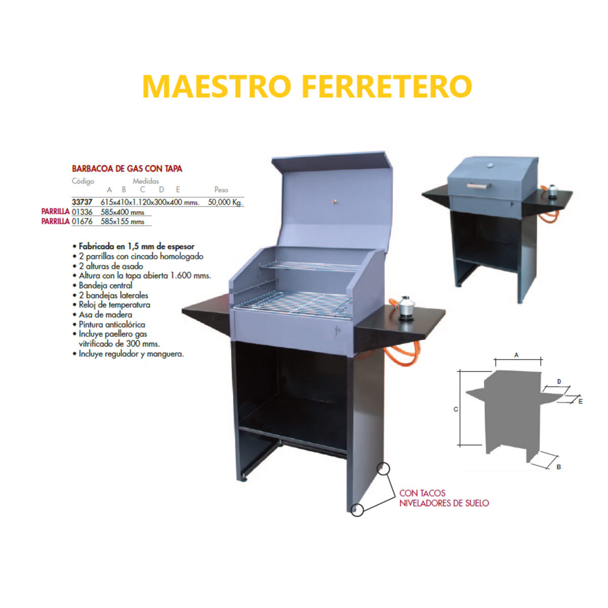 Una parrilla de gas con tapa, estantes laterales y un diagrama que muestra dimensiones y características, sobre un fondo blanco.