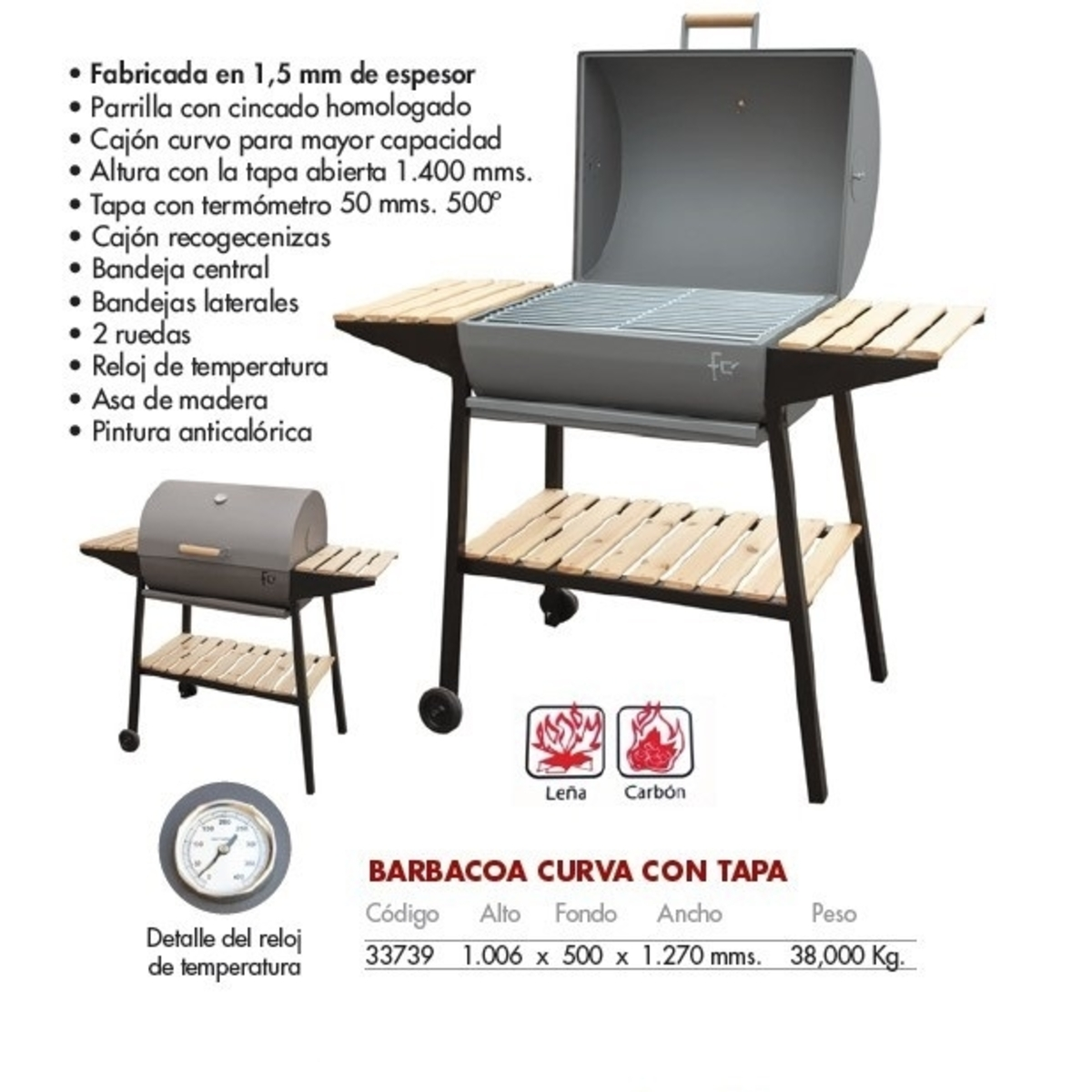 Una parrilla metálica con estantes de madera, un termómetro y una versión más pequeña, con opciones de carbón y madera.