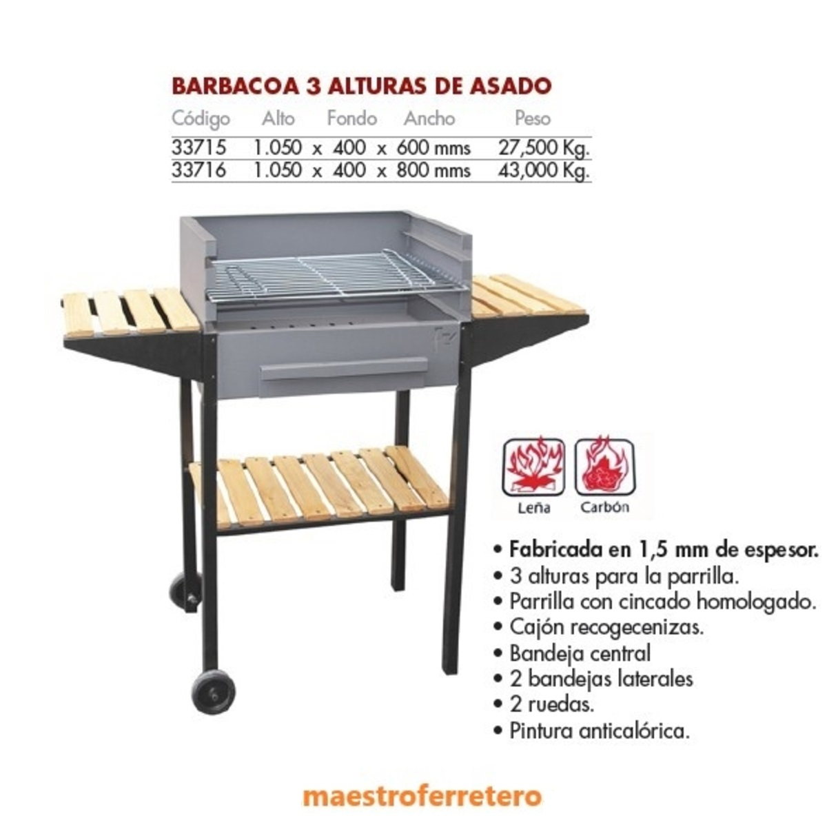 Una parrilla con dos mesas laterales, un estante inferior y un símbolo de carbón y madera.